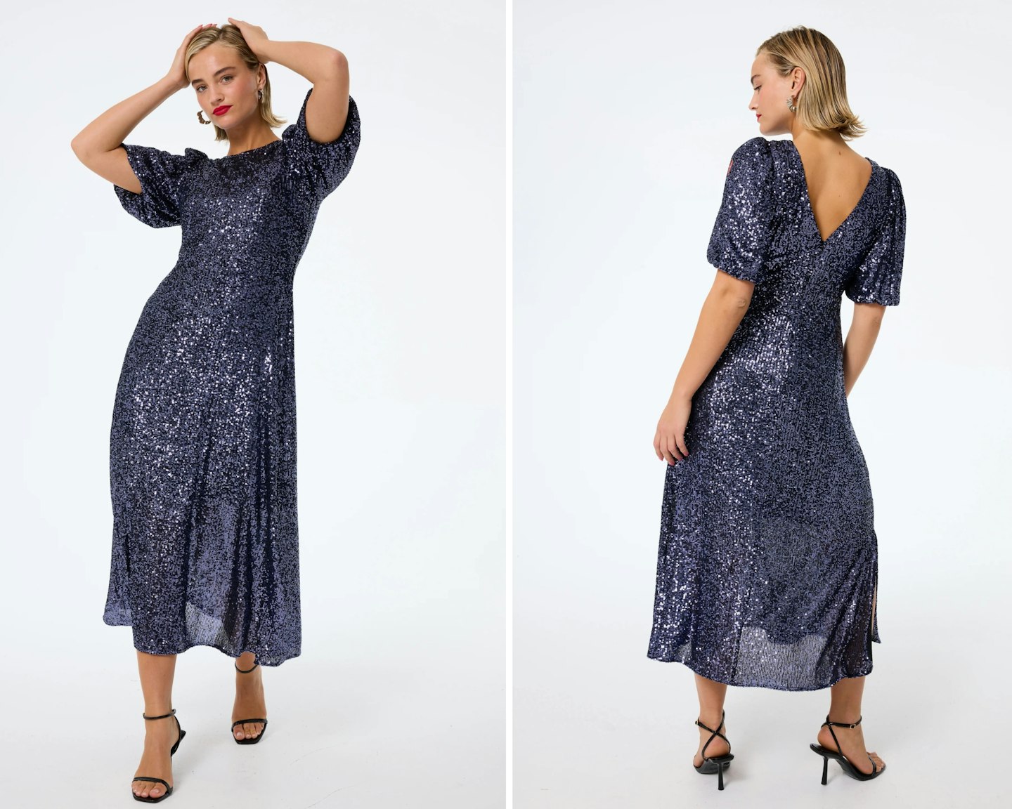 Scamp & Dude Navy Sequin Puff Sleeve Midi Dress