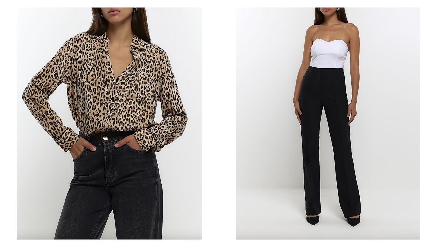 animal print blouse and black trousers