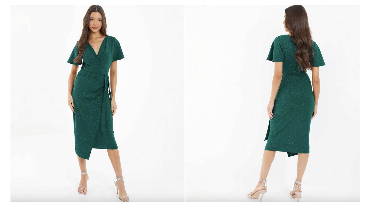 green wrap midi dress with sparkles
