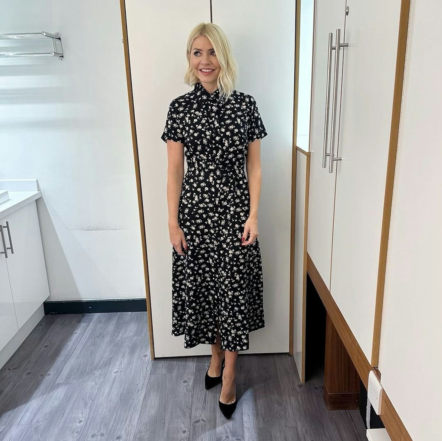 holly willoughby this morning black floral midi dress
