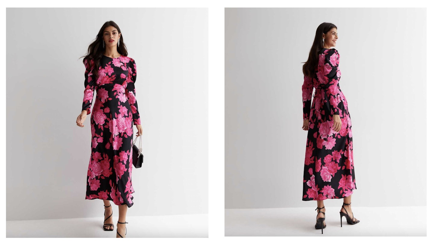 pink and black floral midi dress