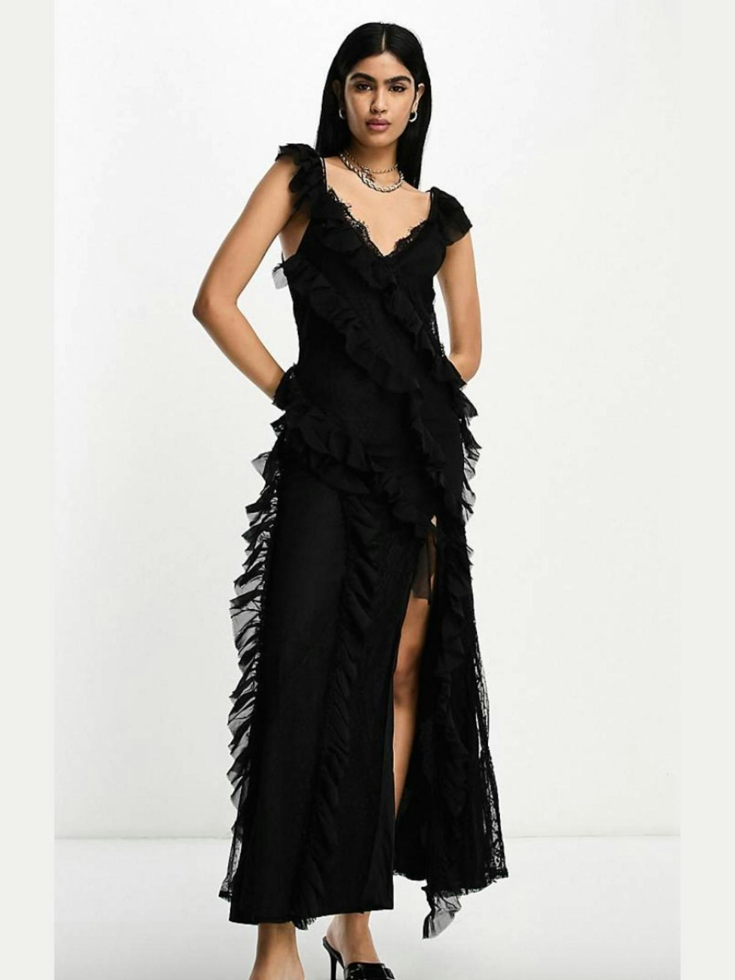 ASOS DESIGN Ruffle Lace Maxi Dress in Black