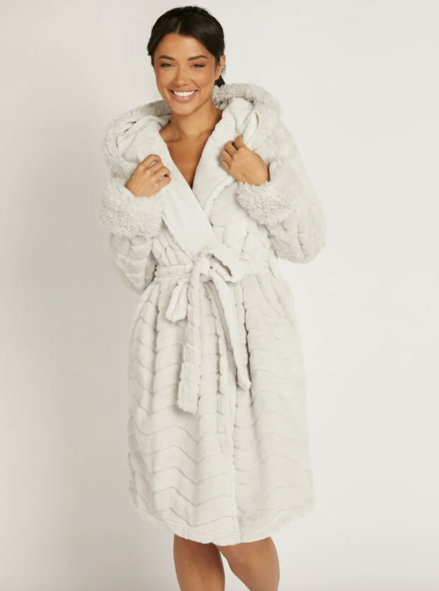 Fluffy chevron midi dressing gown - Silver