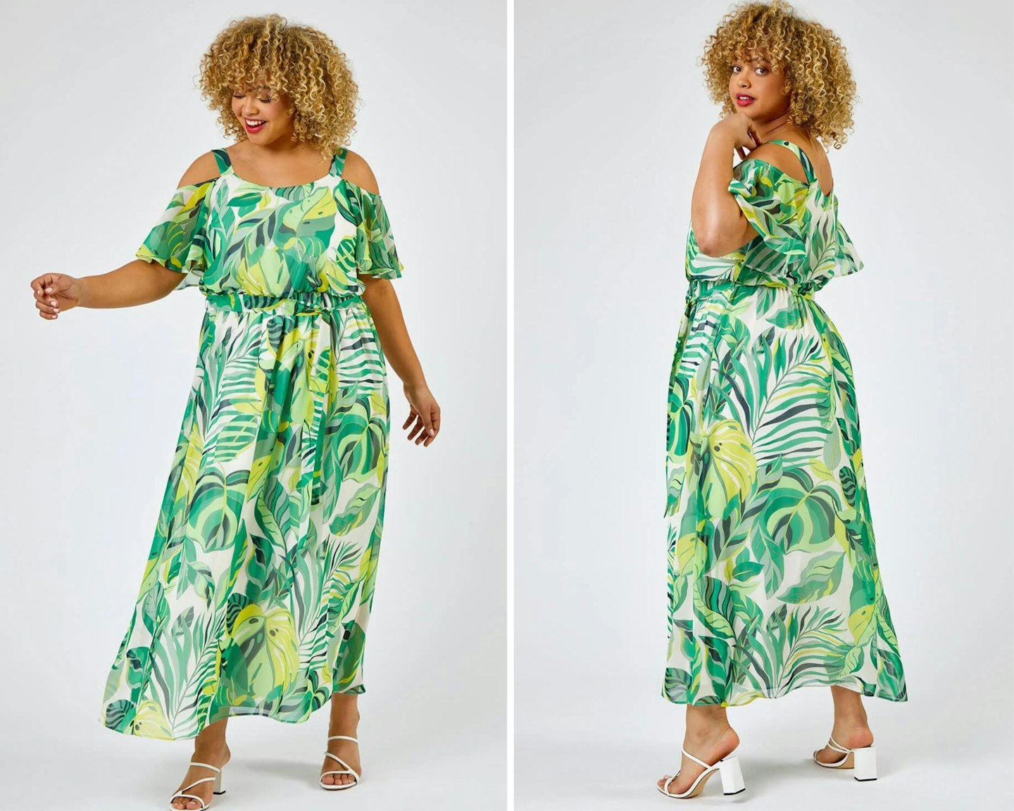 Green Curve Tropical Leaf Print Cold Shoulder Maxi Dress Rated 4.8 out of 5