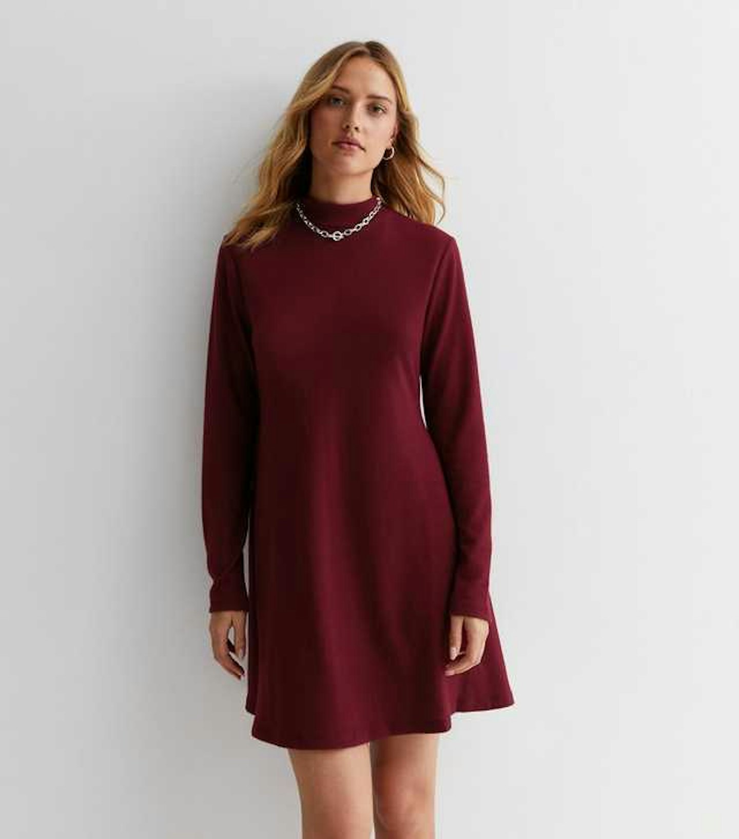 New Look Burgundy Jersey High Neck Micro Mini Dress