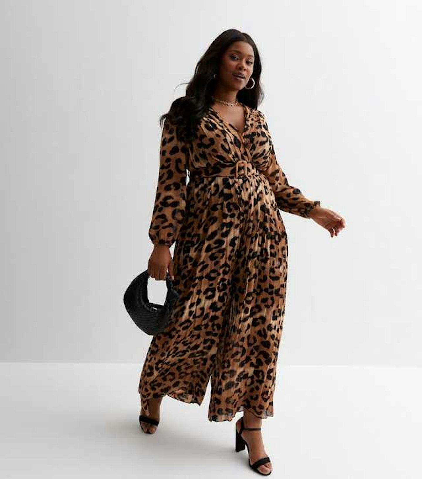 New Look Curves Brown Leopard Print Pleated Jumpsuit