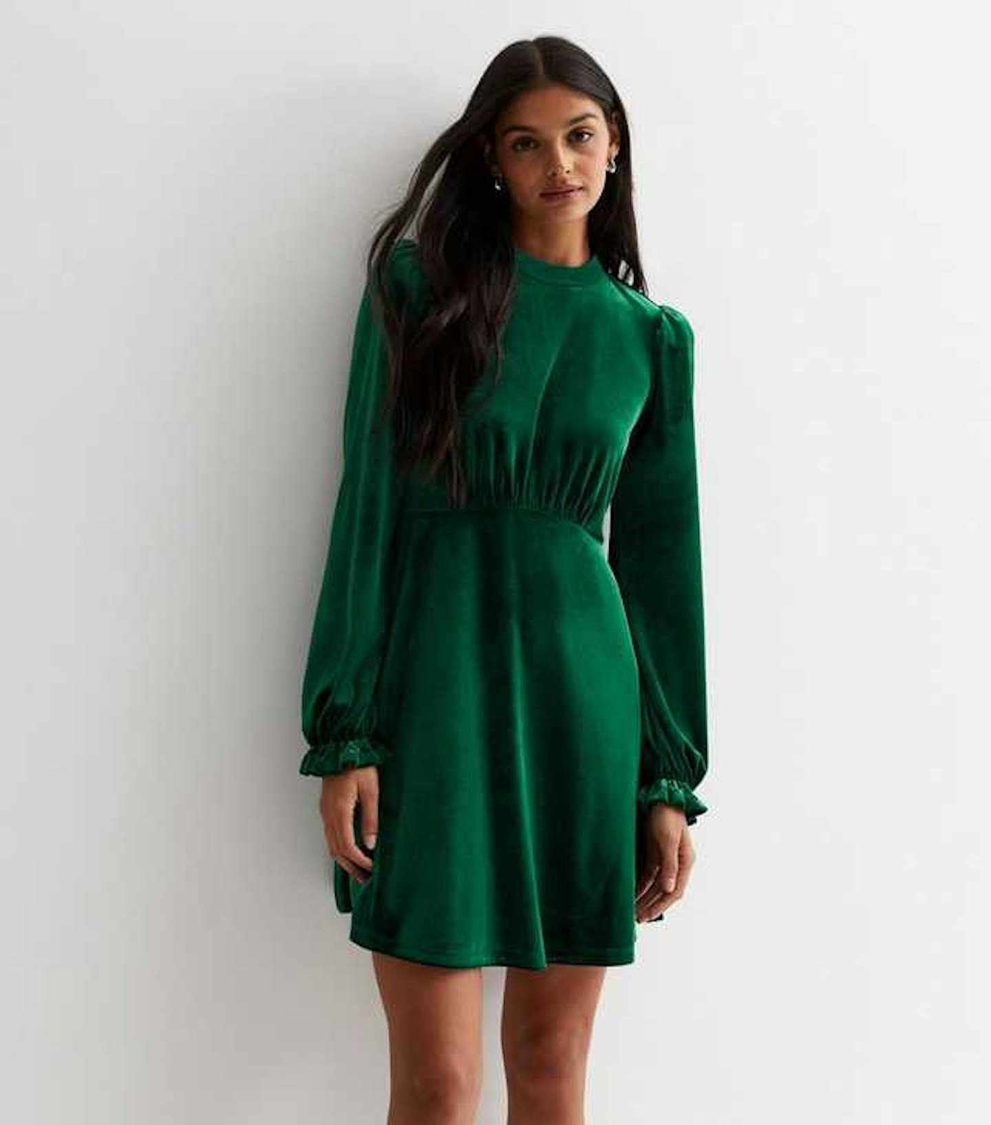 New Look Dark Green Velvet Long Sleeve Mini Dress