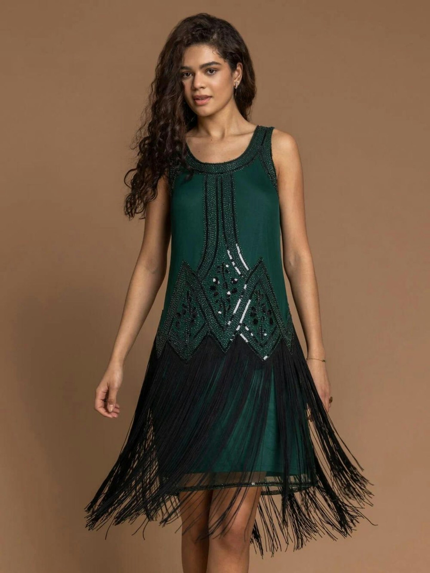 Forest Sequin Fringe Hem Flapper Dress