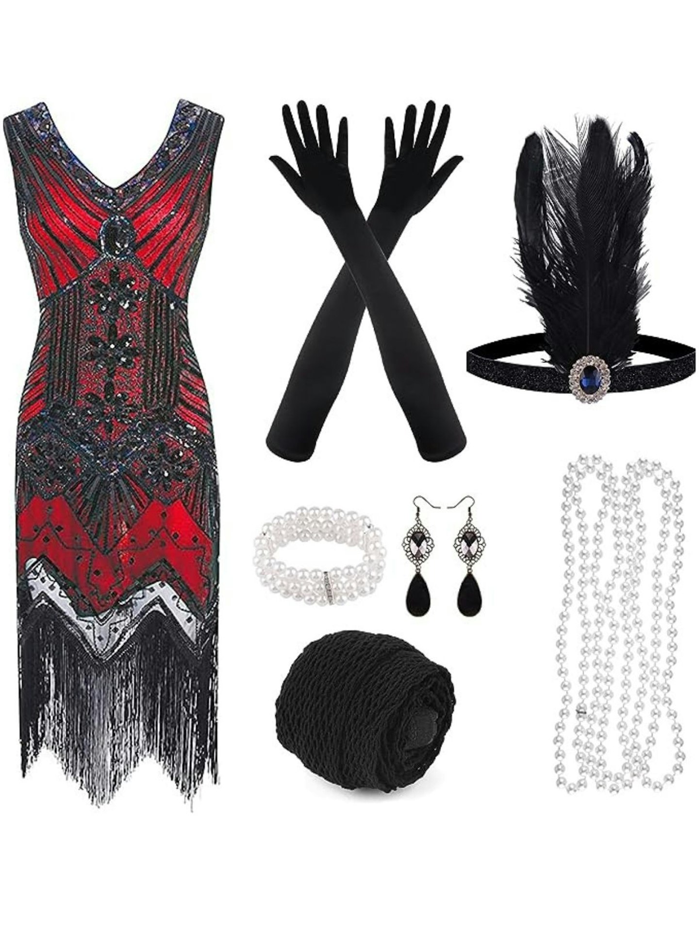 FEPITO 1920s V Neck Sequin Beaded Fringed Dress with Accessories