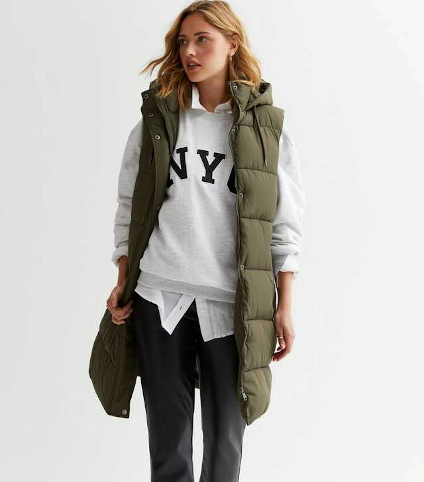 New Look Khaki Long Hooded Puffer Gilet