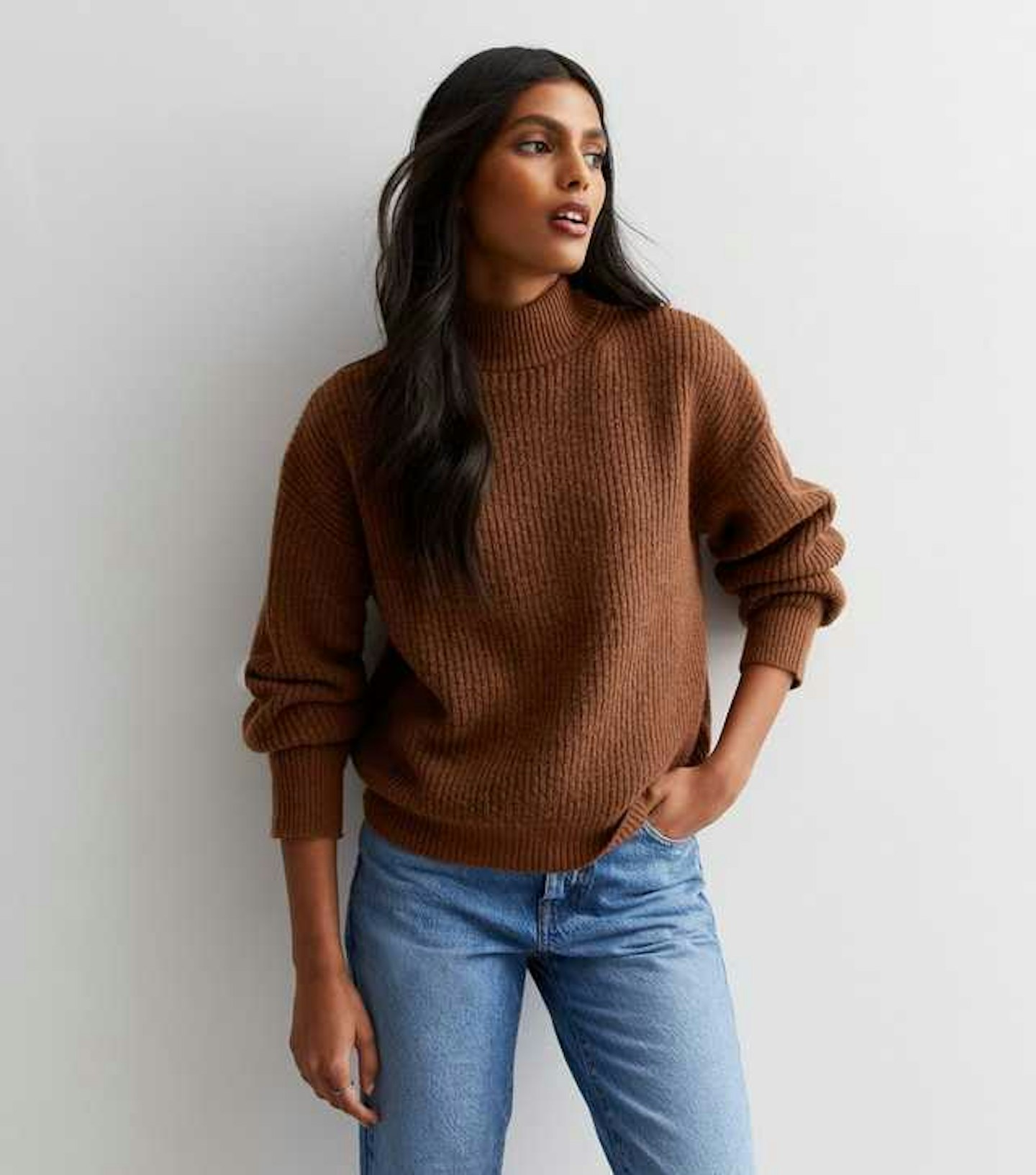 New Look Rust Ribbed Knit High Neck Jumper