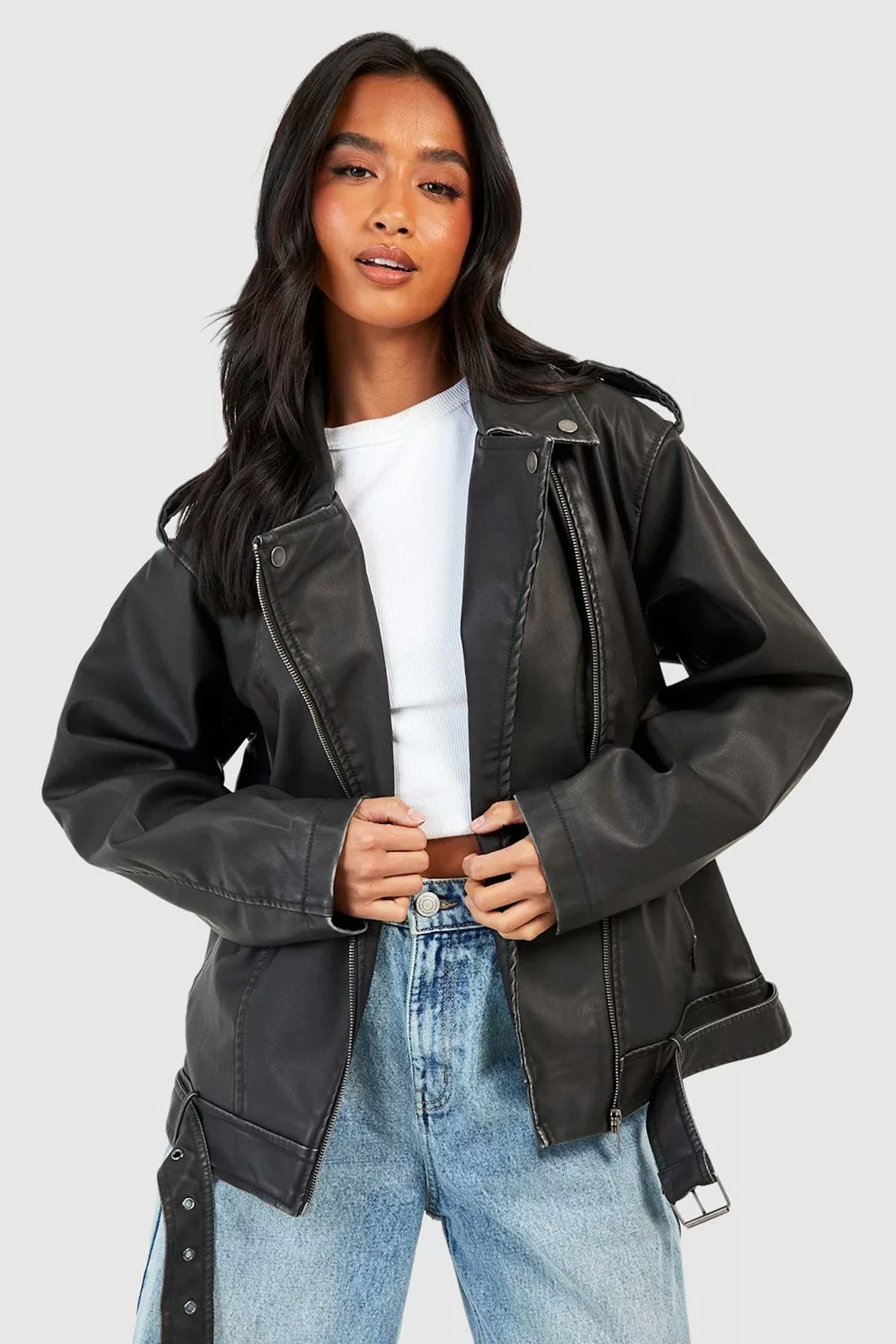 Boohoo Petite Oversized Vintage Faux Leather Biker Jacket