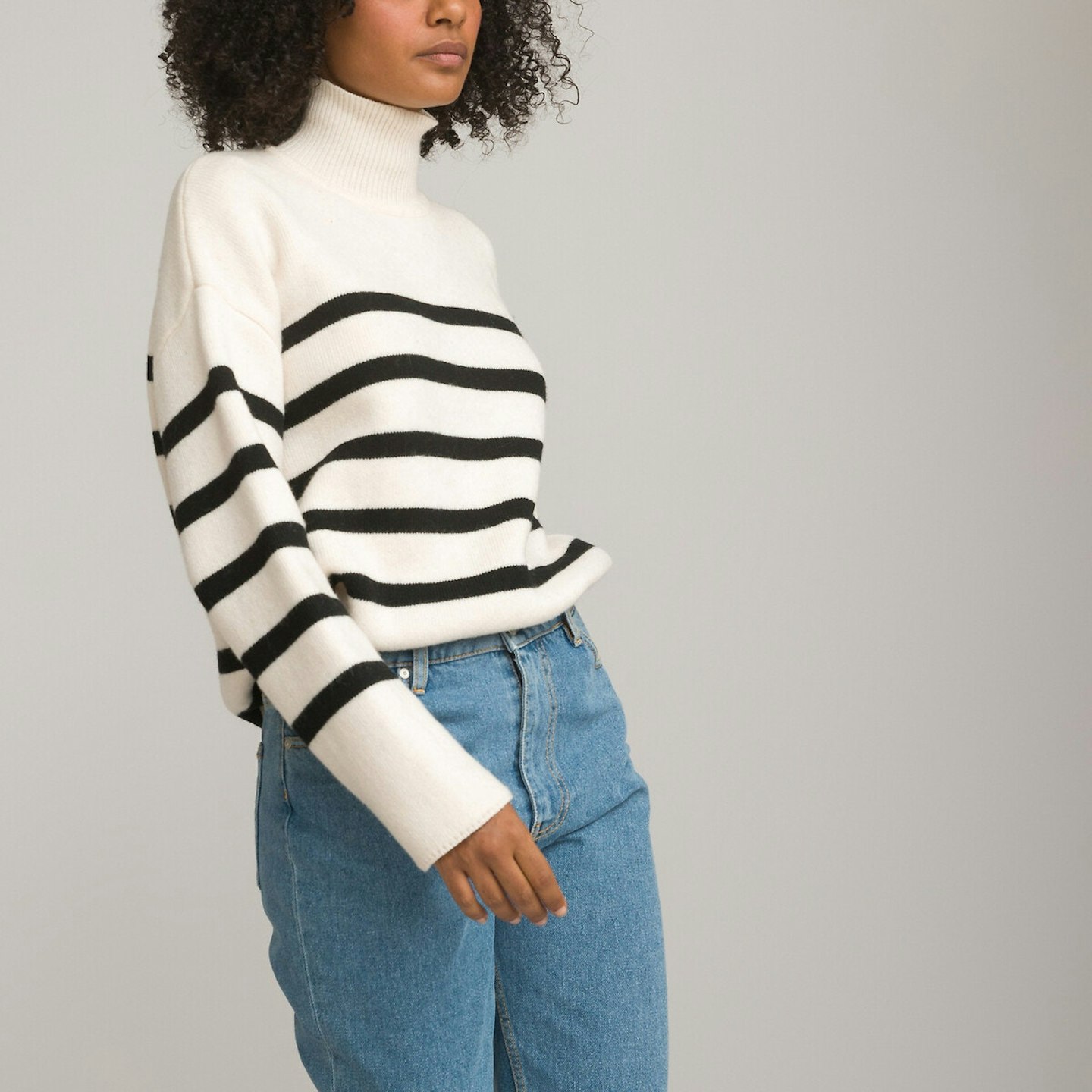 Woman wearing striped la redoute jumper