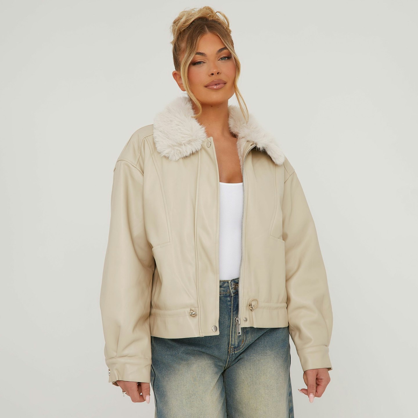 Ego Faux Fur Collar Aviator Jacket in Cream Faux Leather