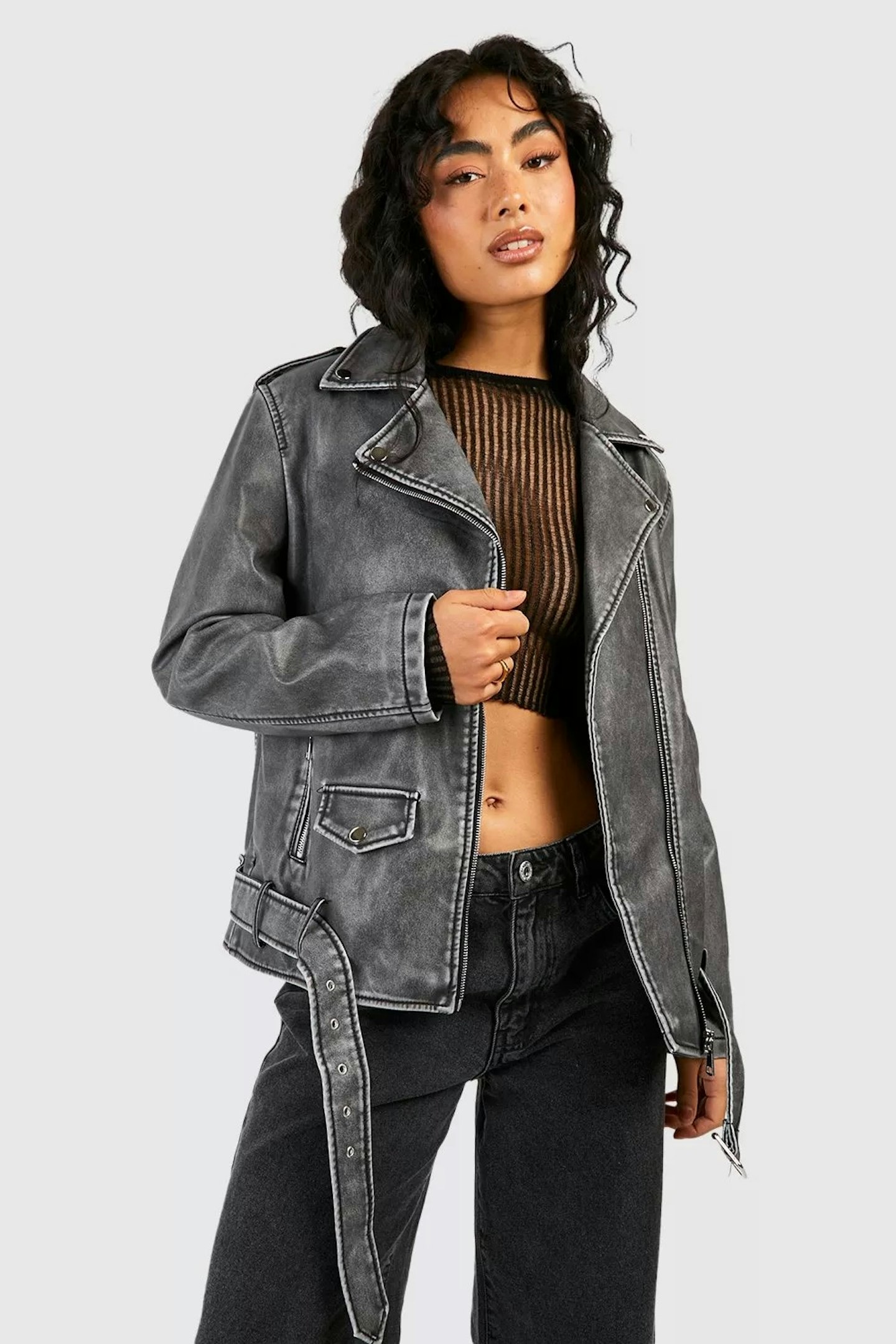 Boohoo Oversized Washed Faux Leather Biker Jacket