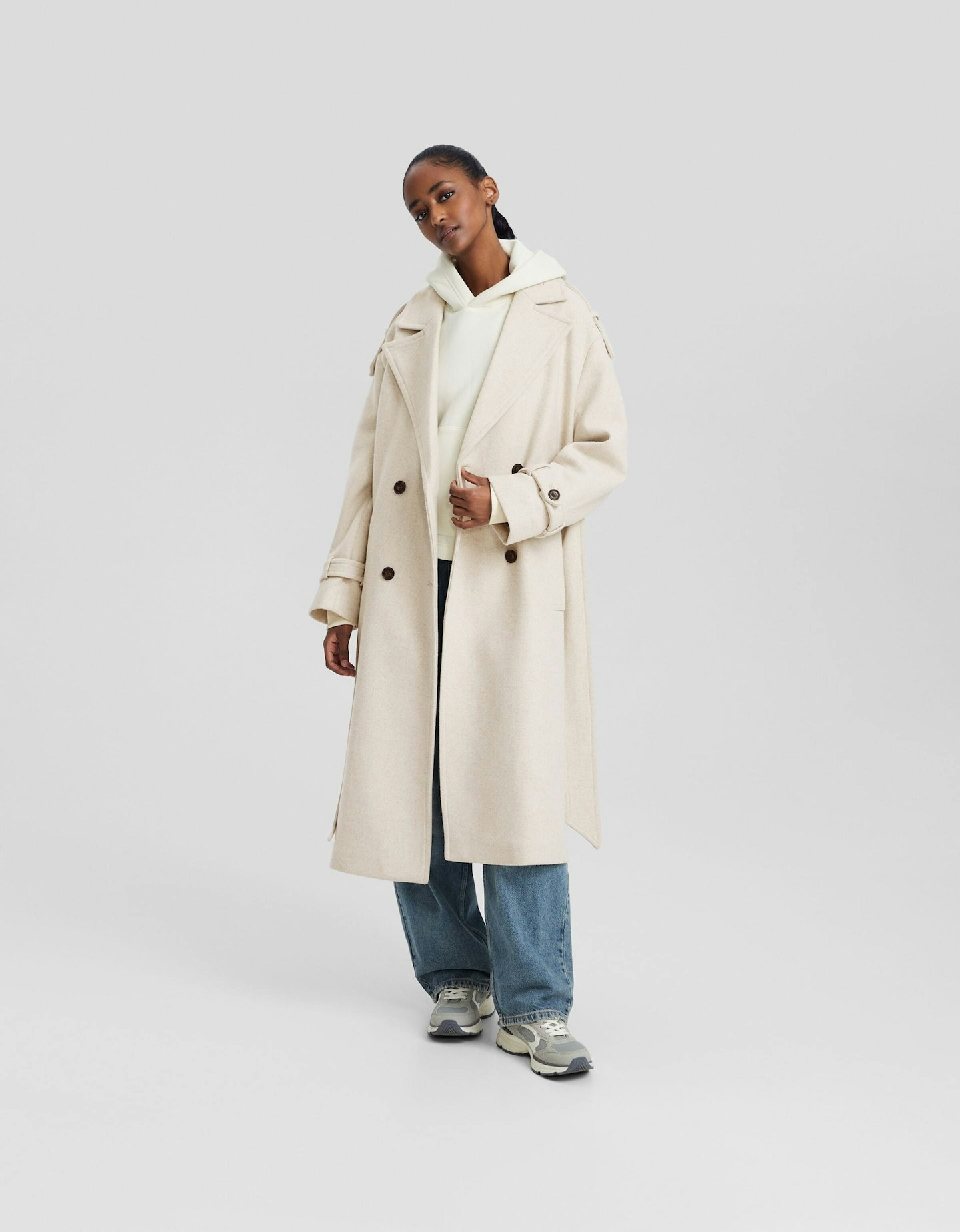 Bershka Cream Wool Blend Trench Coat