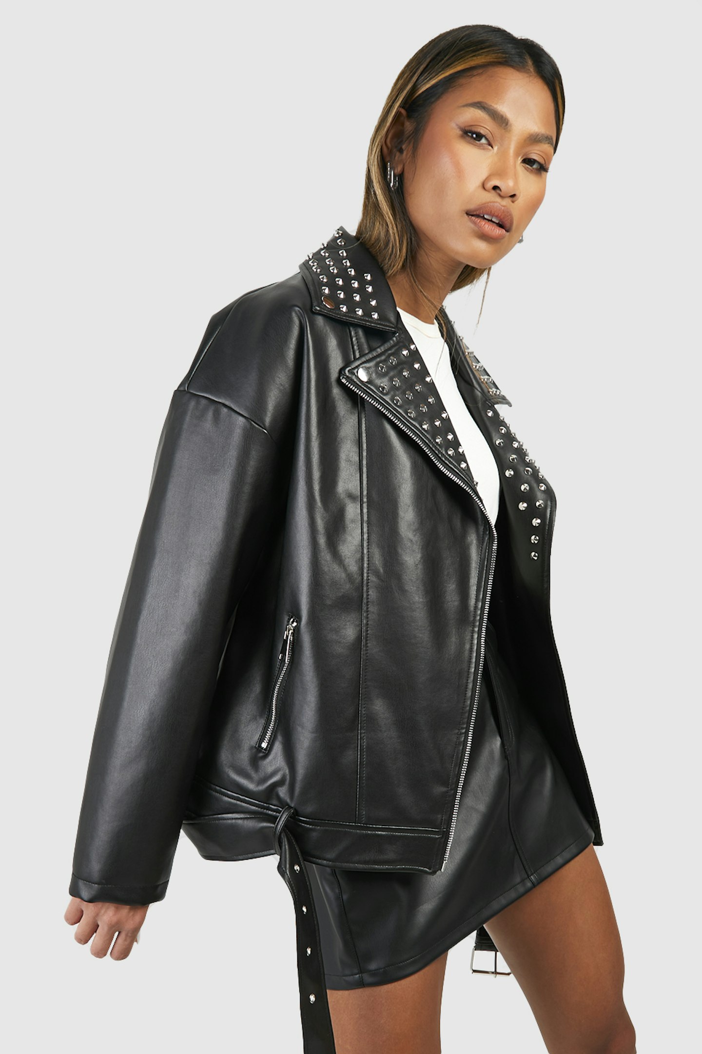 Boohoo Oversized Studded Faux Leather Biker Jacket