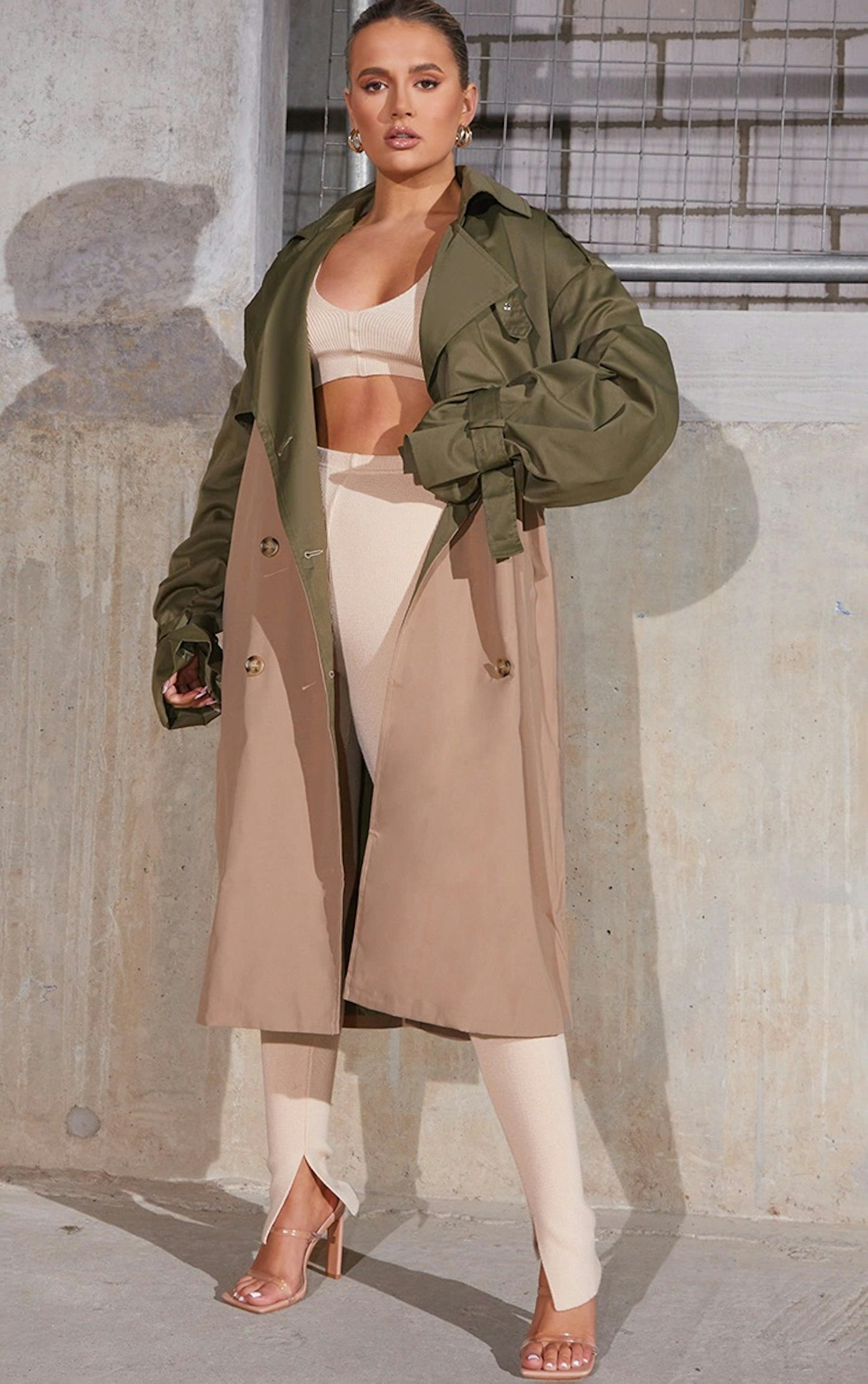 PrettyLittleThing KHAKI CONTRAST OVERSIZED BELTED MIDI TRENCH COAT
