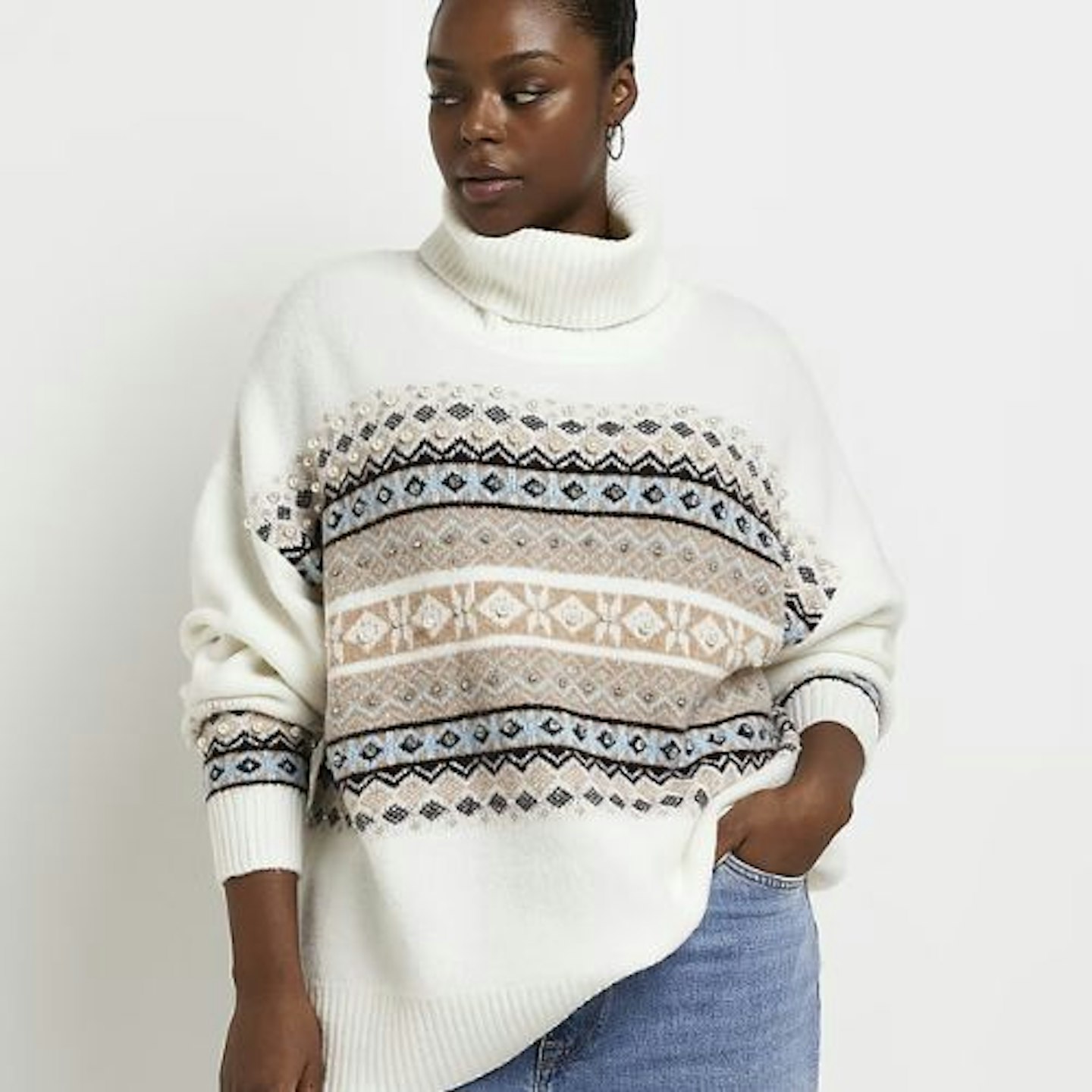 Plus Cream Print Knit Embellished Jumper