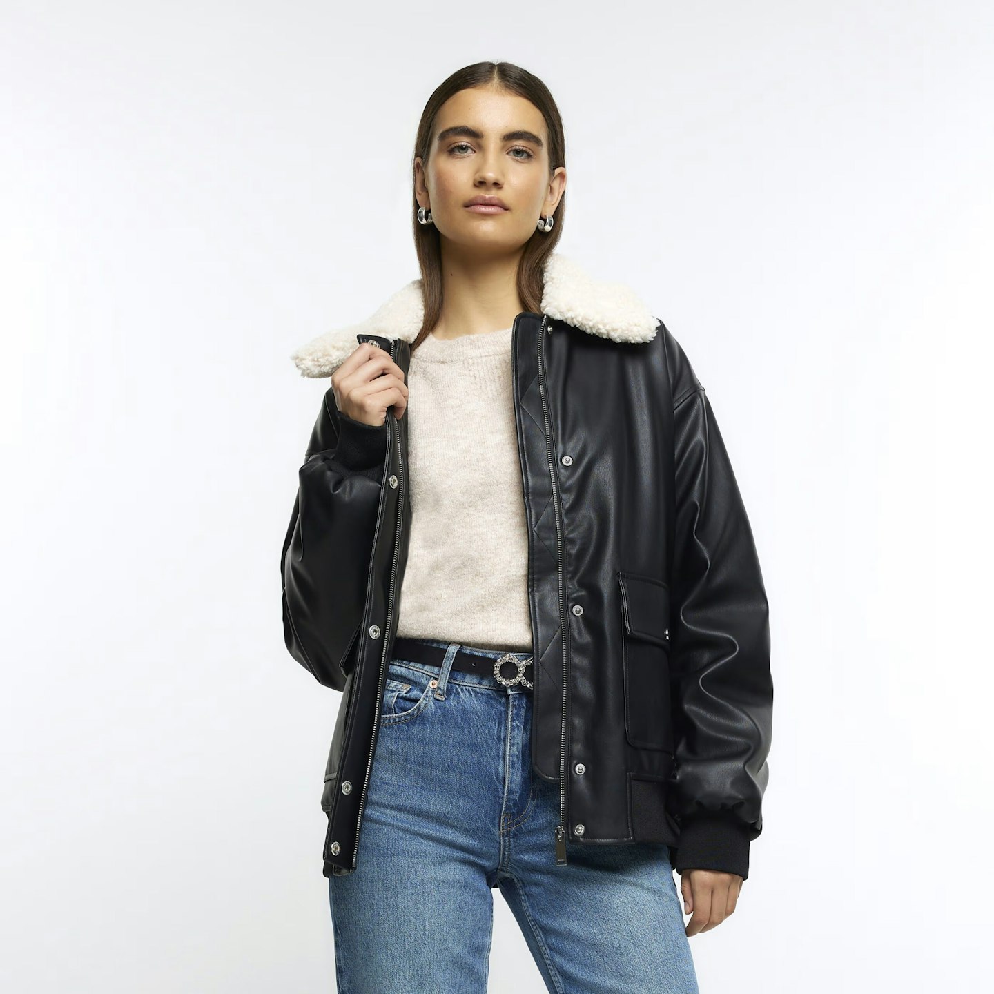 River Island Black Faux Leather Shearling Bomber Jacket