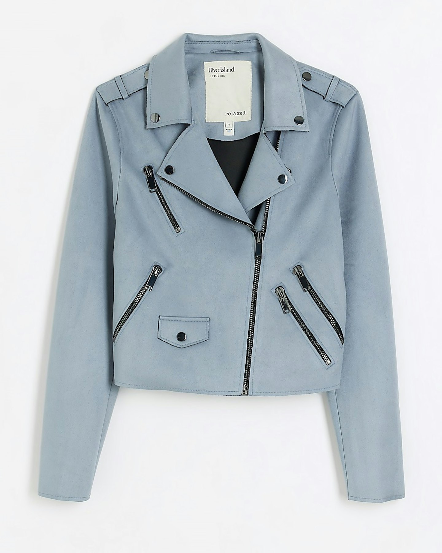 River Island Blue Suedette Crop Biker Jacket