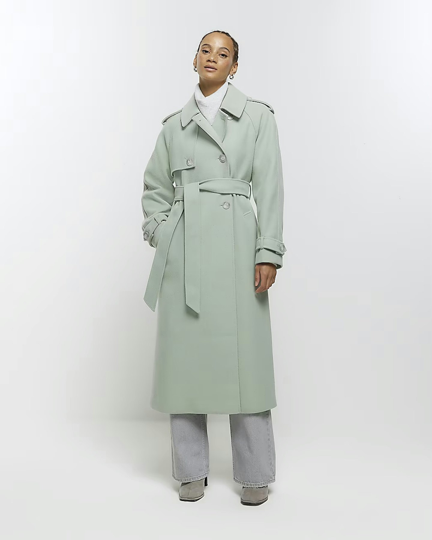 River Island Green Belted Longline Trench Coat