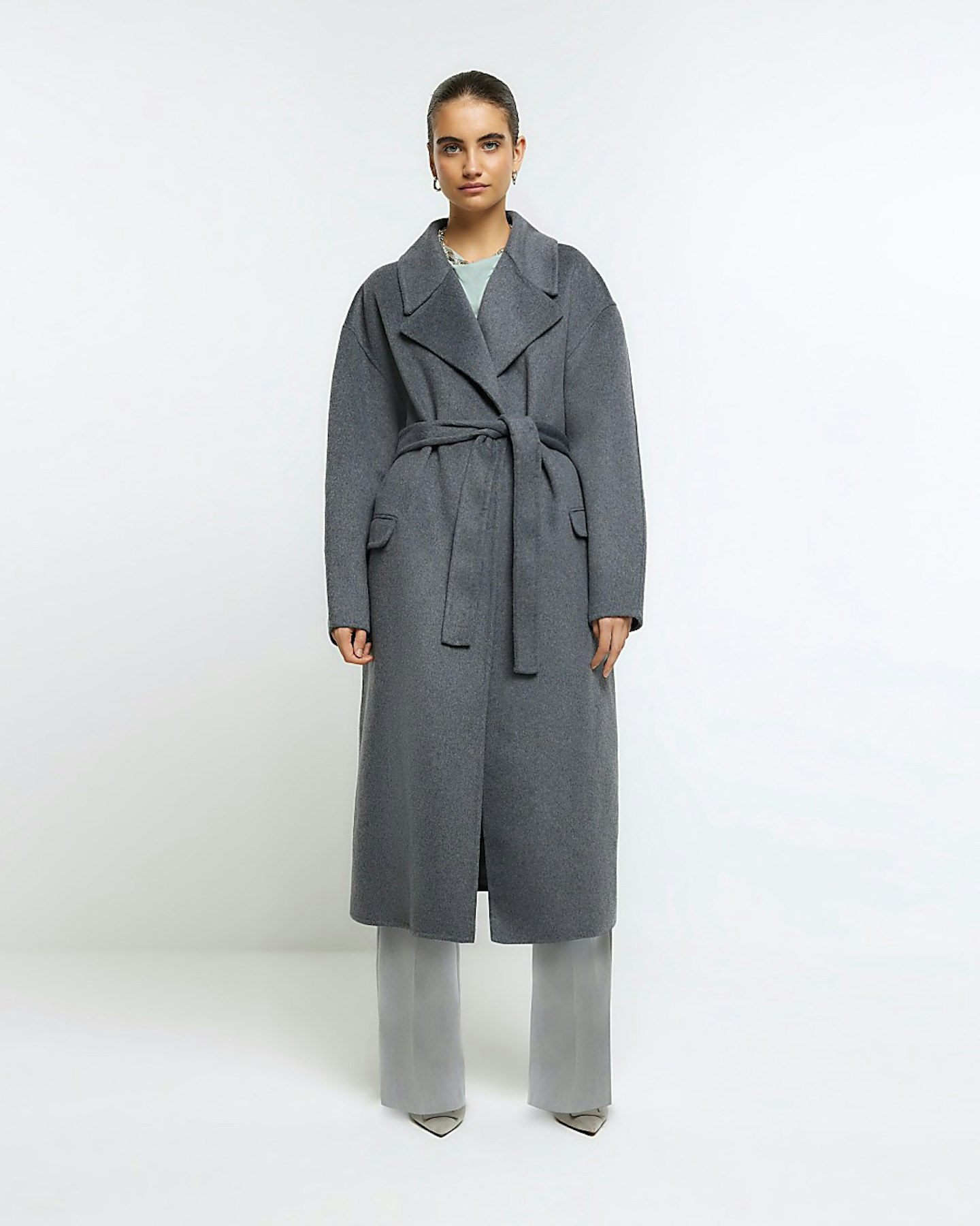 River Island Grey Wool Blend Belted Coat