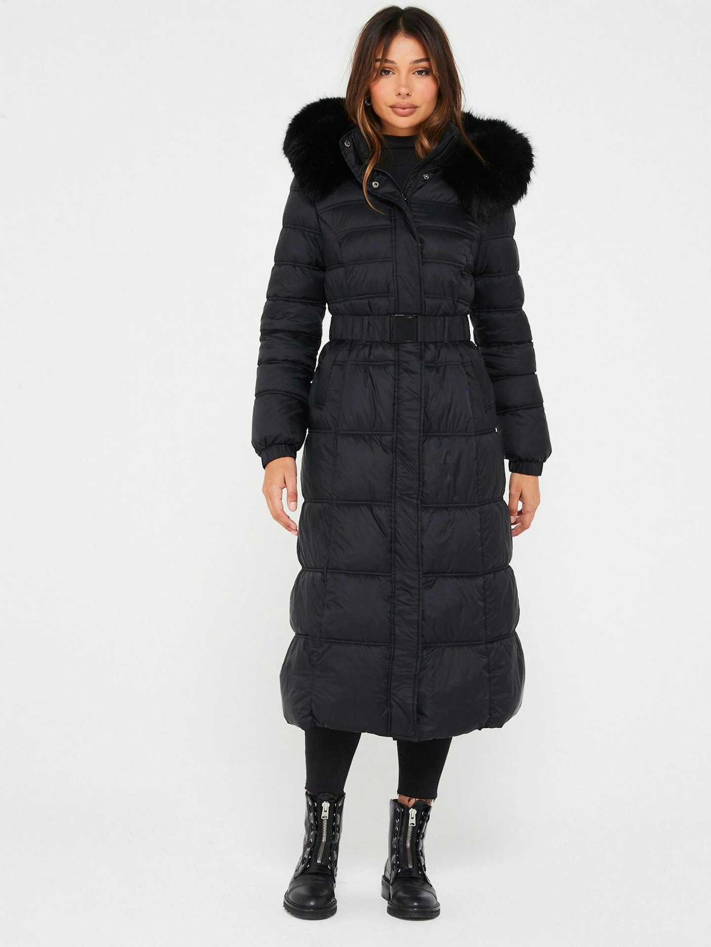 V by Very, Maxi Belted Padded Coat With Faux Fur Trim