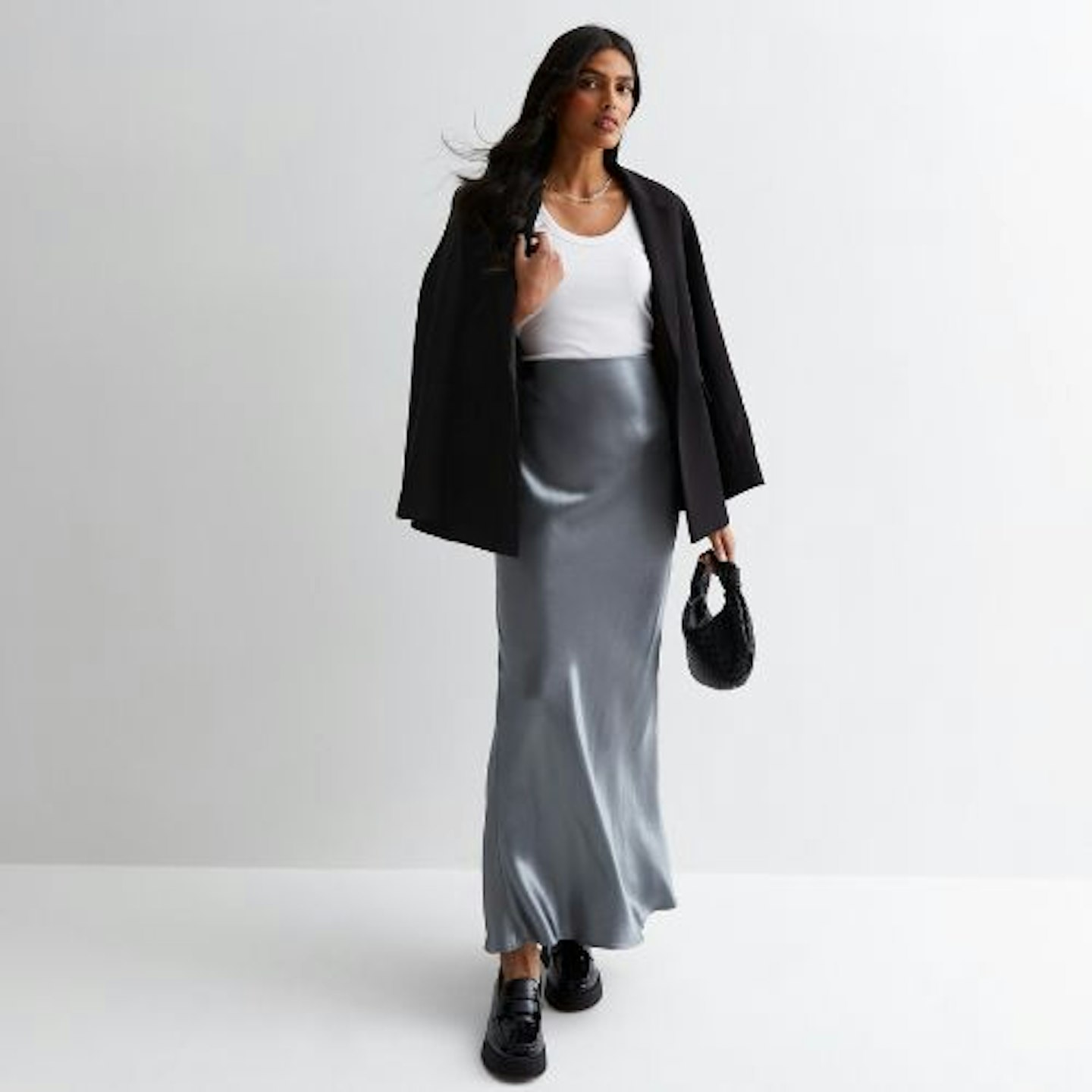 New Look Dark Grey Satin Maxi Skirt