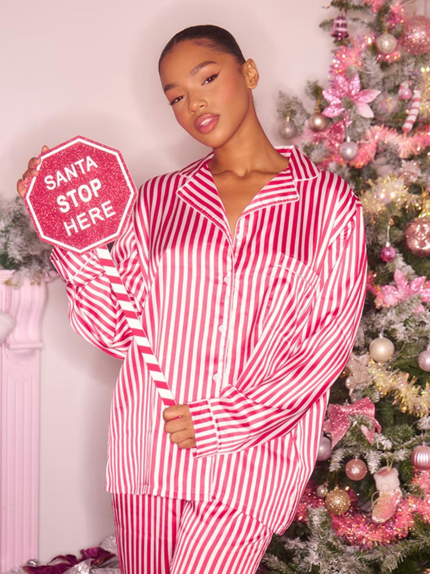Red Satin Stripe Long Pyjama Set