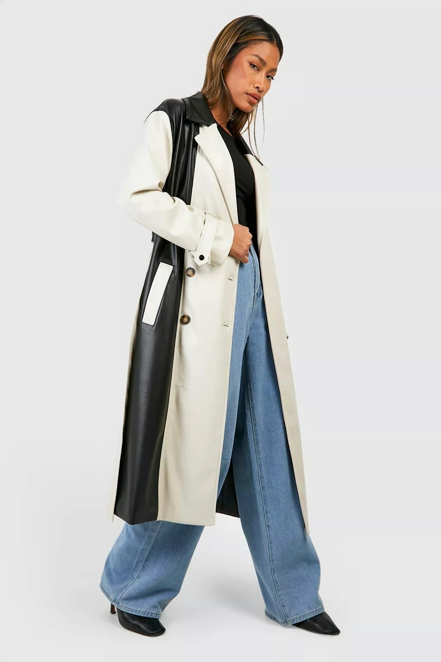 boohoo COLOUR BLOCK FAUX LEATHER TRENCH COAT