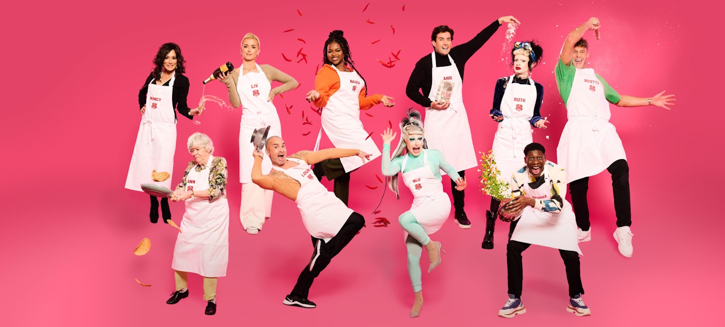 Nancy Dell'Olio, Olivia Bentley, Nadia Rose, James Argent, Ruth Codd and Scotty. Bottom Row - Ann Widdecombe, Louie Spence, Blu Hydrangea and Spuddz