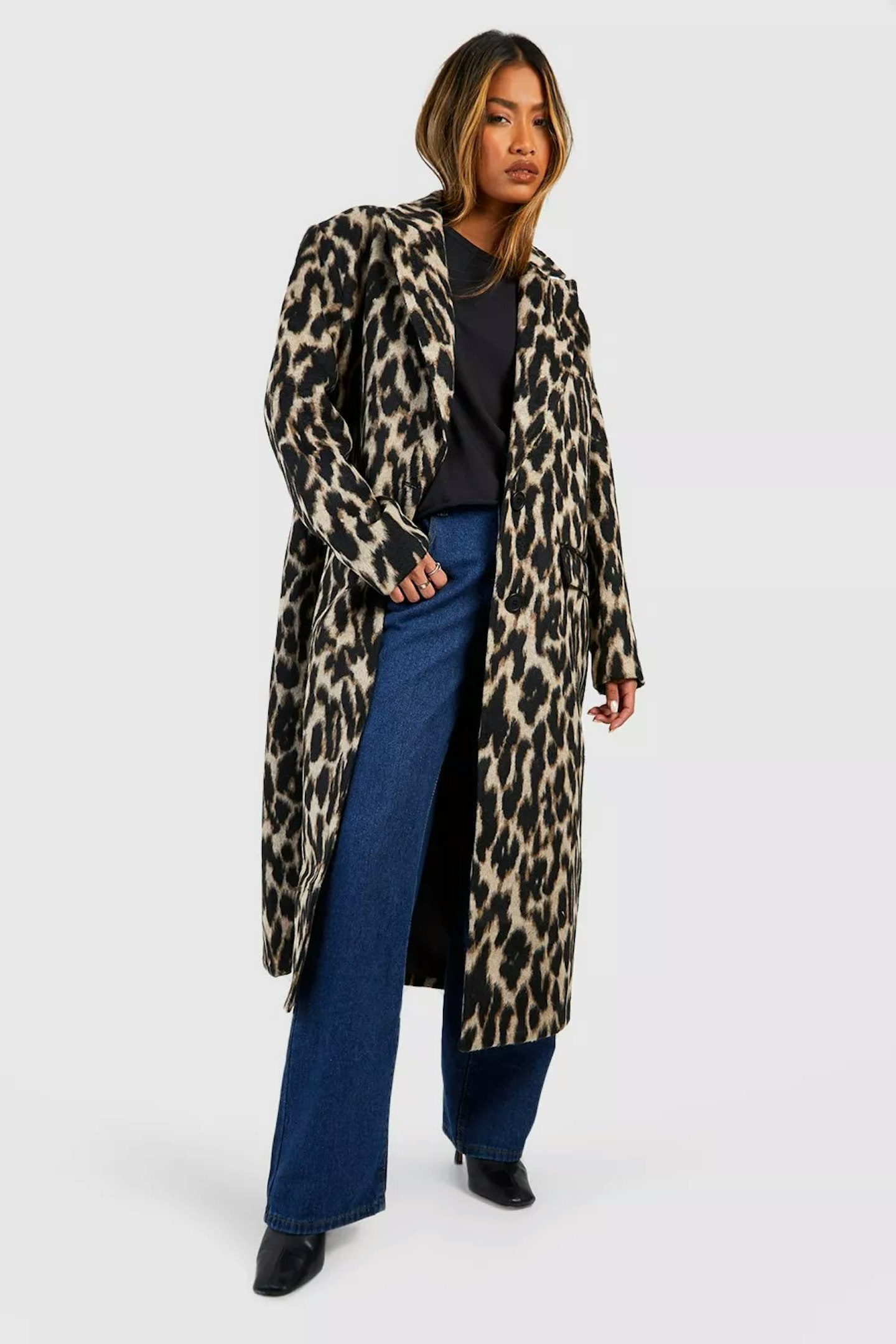 Boohoo, Oversized Textured Leopard Print Wool Look Coat