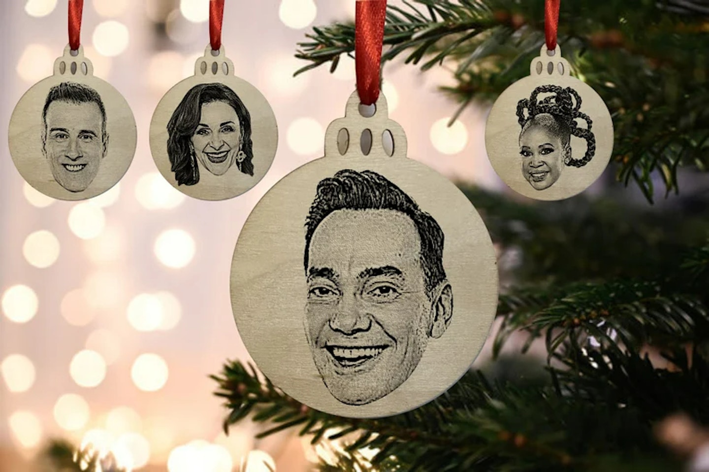 Strictly Come Dancing Judge's Faces Engraved On Wooden Christmas Baubles