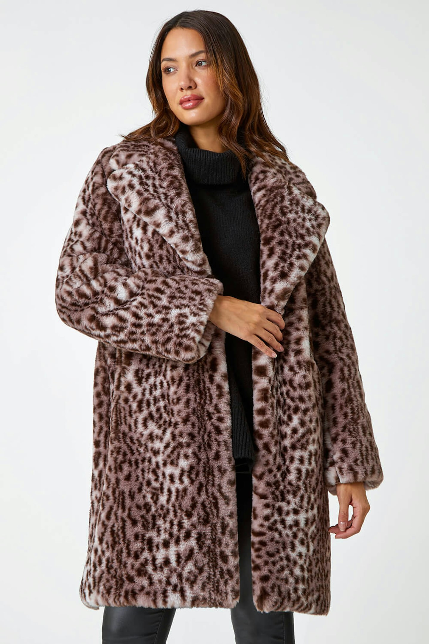 Roman Taupe Premium Animal Print Faux Fur Coat