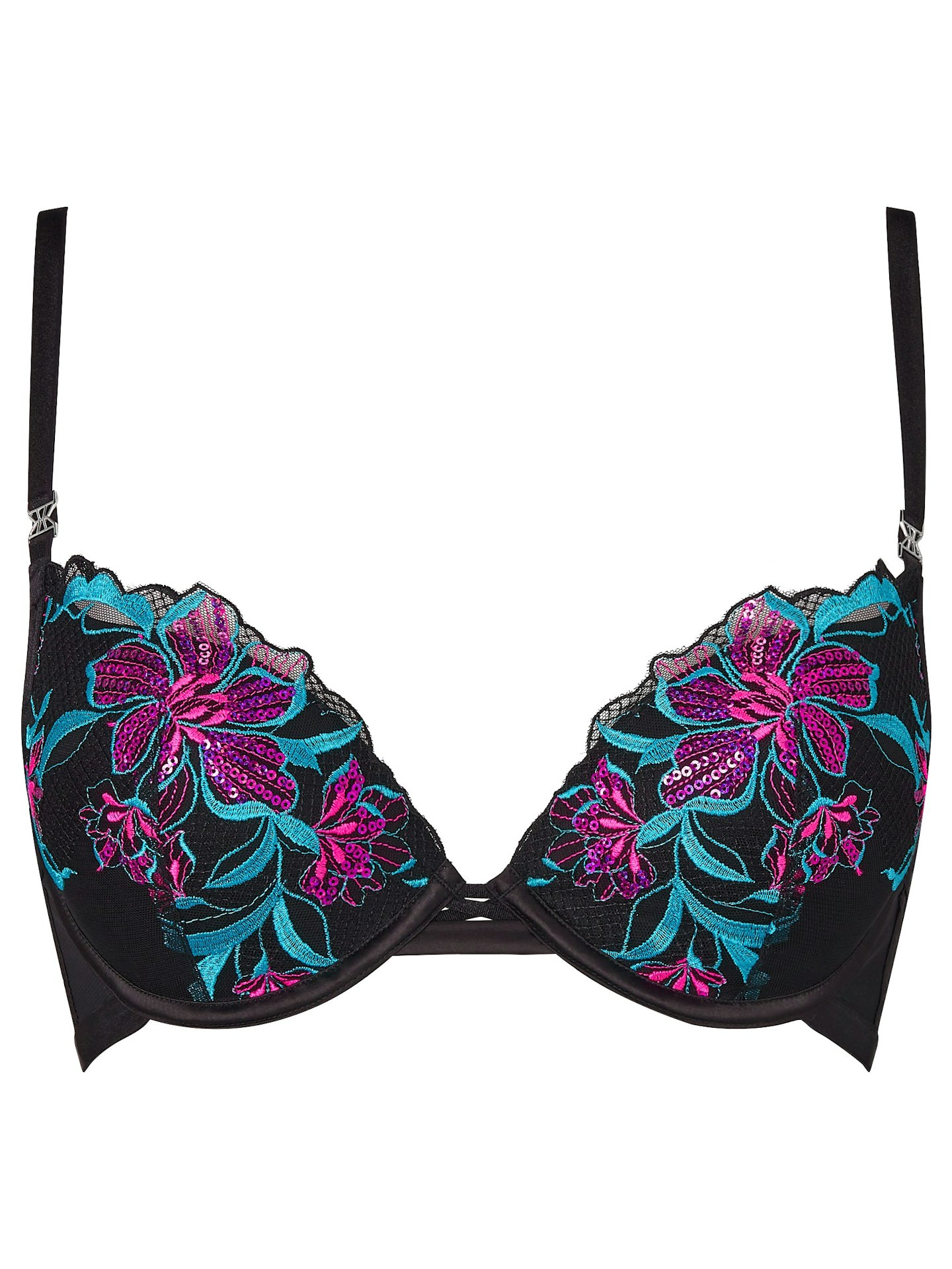 Ann Summer black bra with blue and pink floral sequin embroidery