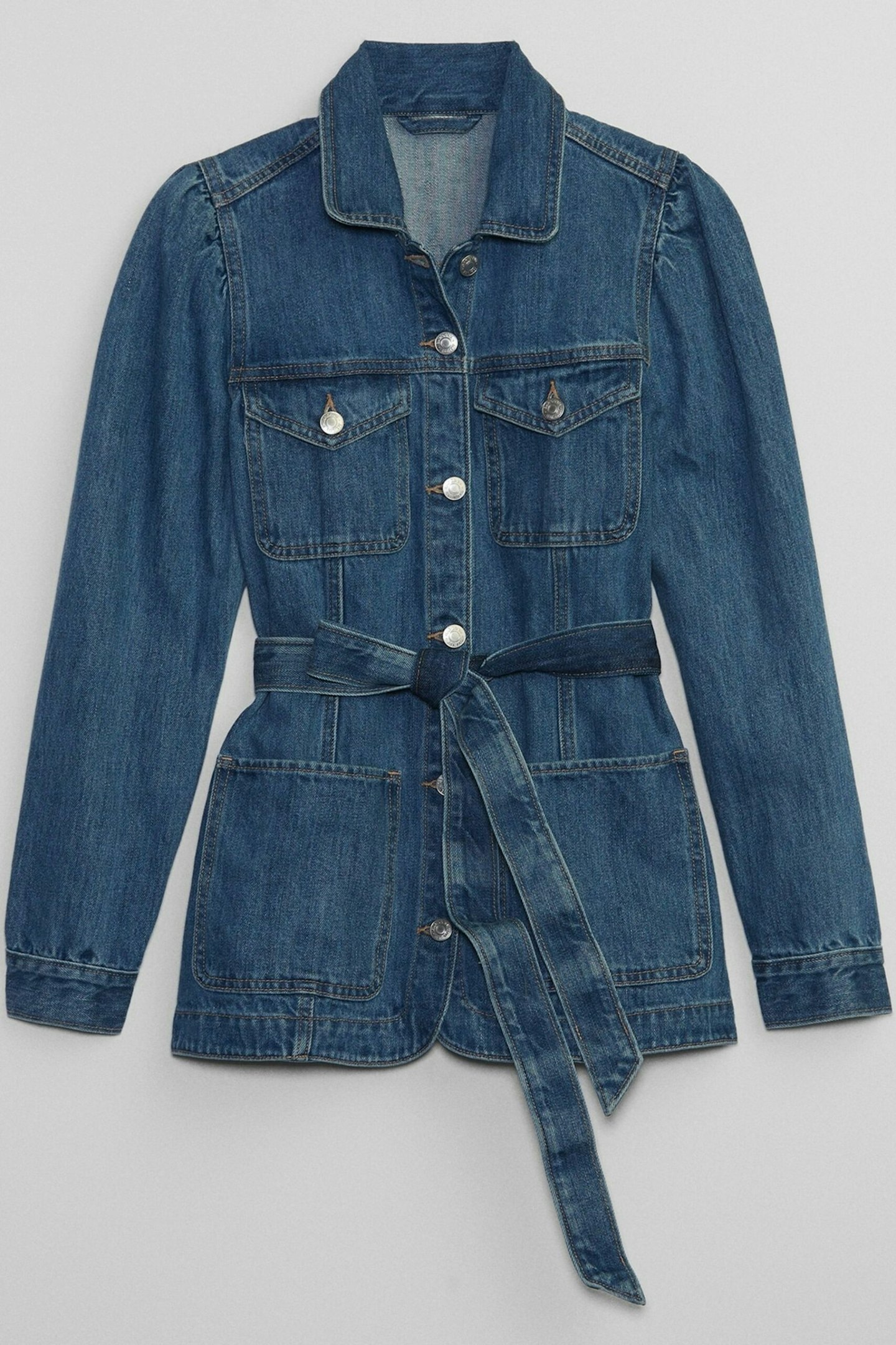 GAP Belted puff Sleeve Denim Jacket with Washwell 