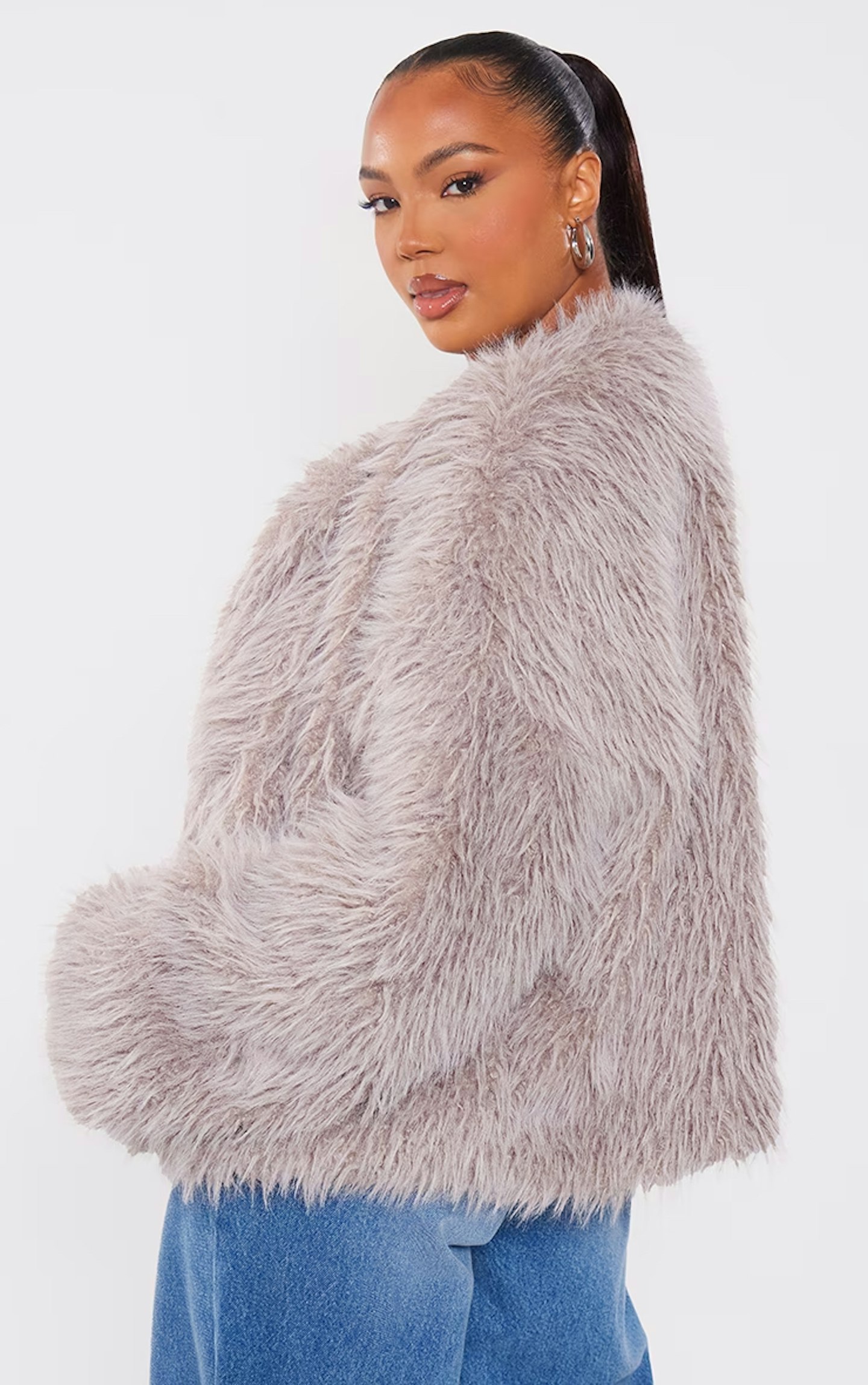 PrettyLittleThing Plus Grey Shaggy Faux Fur Coat