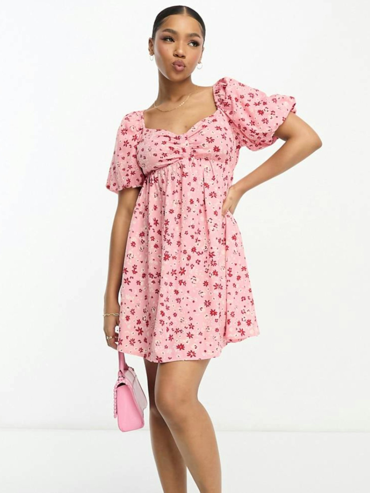 ASOS Wednesday's Girl Puff Sleeve Ditsy Floral Print Mini Dress in Pink