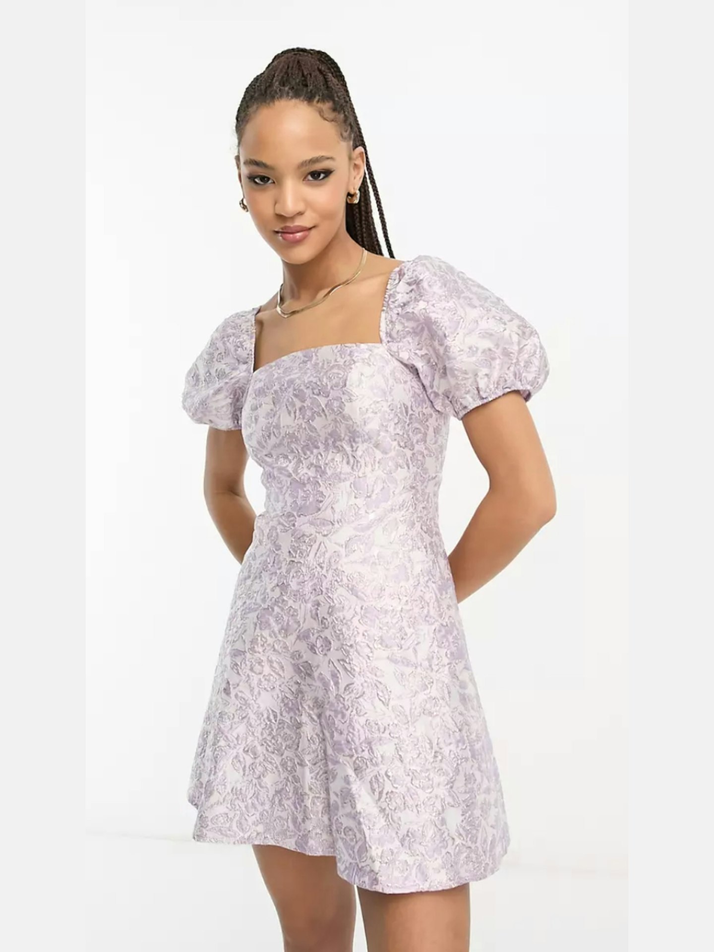 ASOS Miss Selfridge Jacquard Puff Sleeve Corset Mini Dress in Lilac
