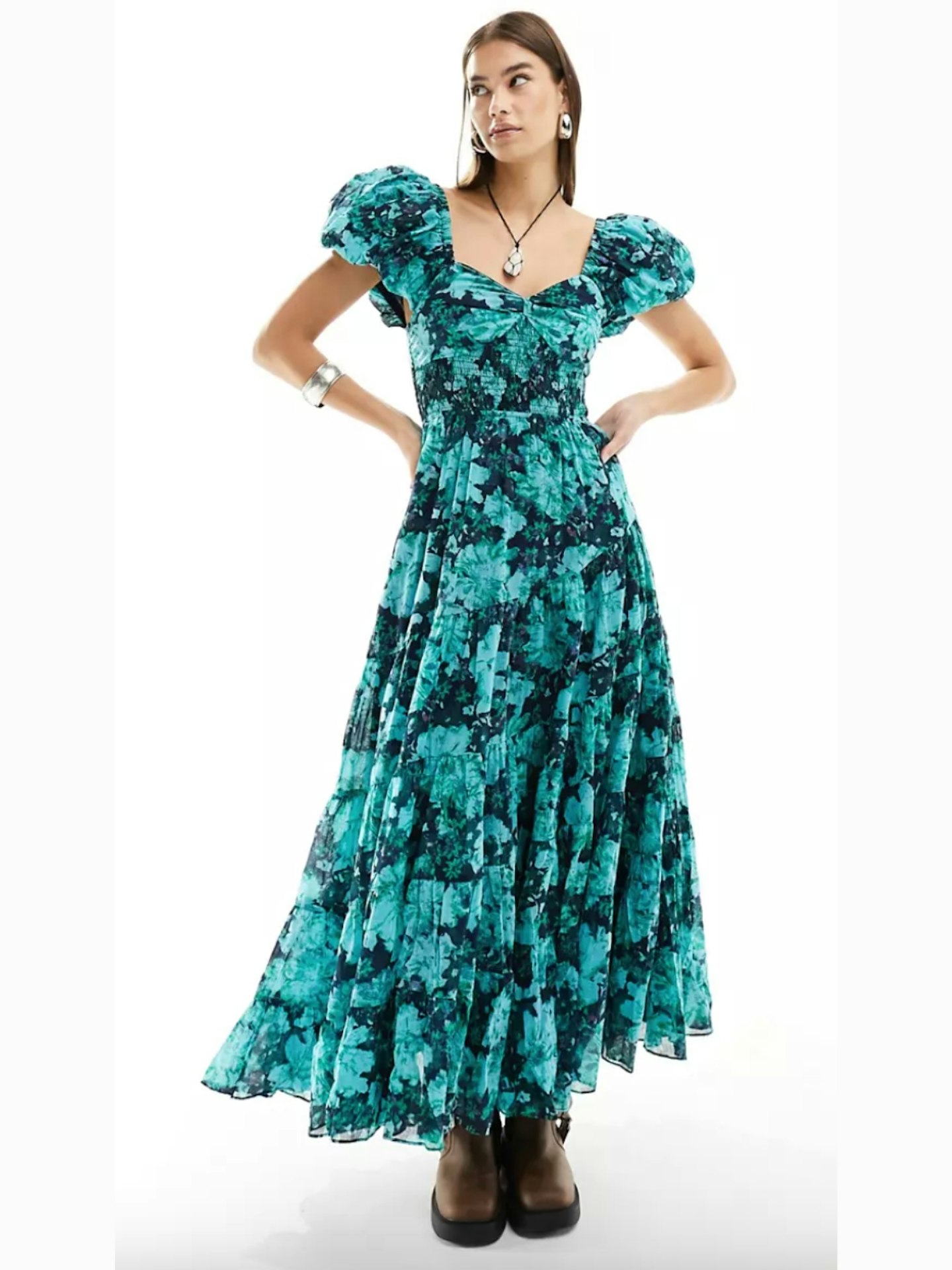 ASOS Free People Puff Sleeve Floral Print Tiered Midaxi Dress in Blue Green