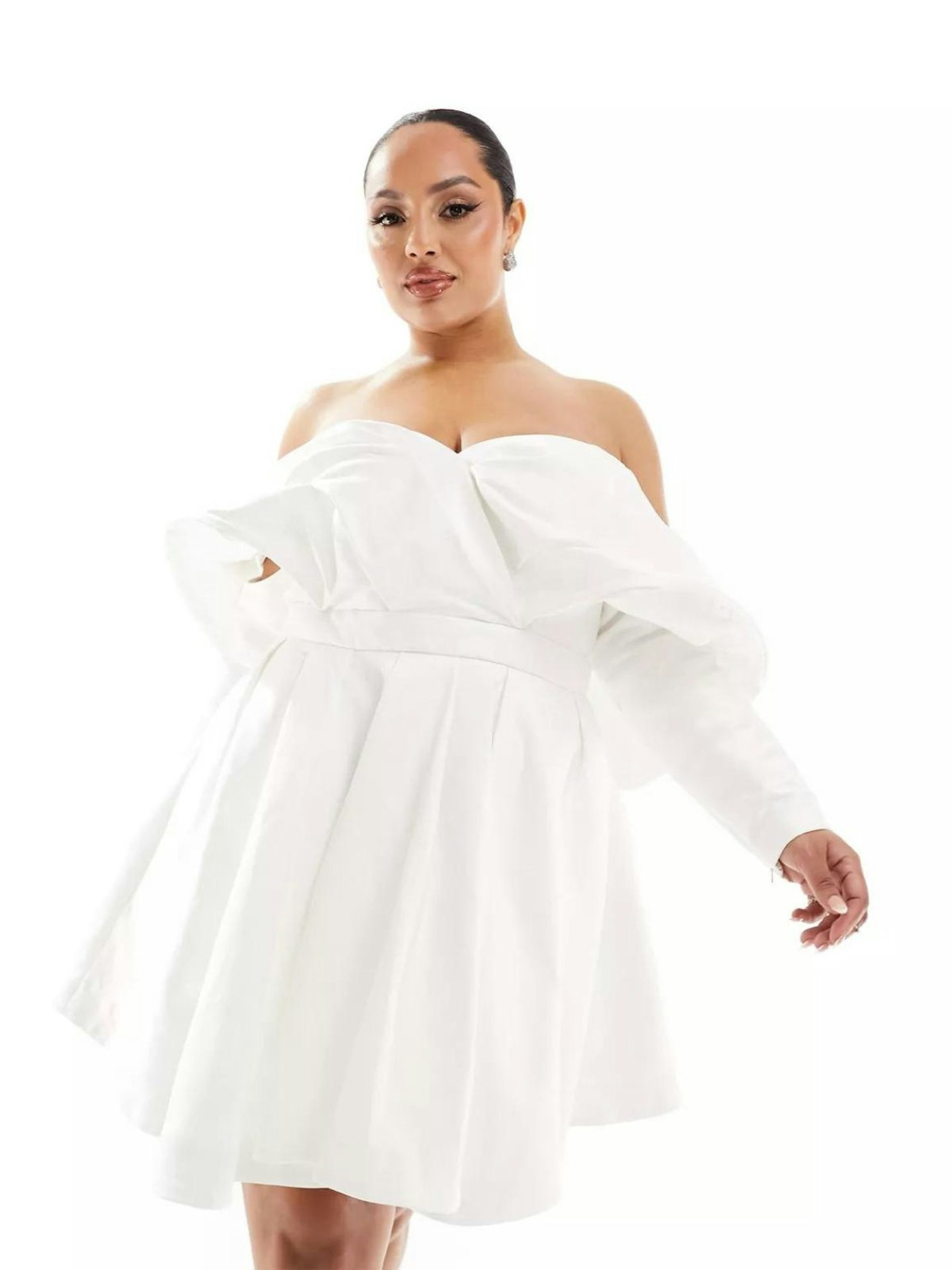 ASOS DESIGN Curve Lila Satin Structured Off Shoulder Mini Dress