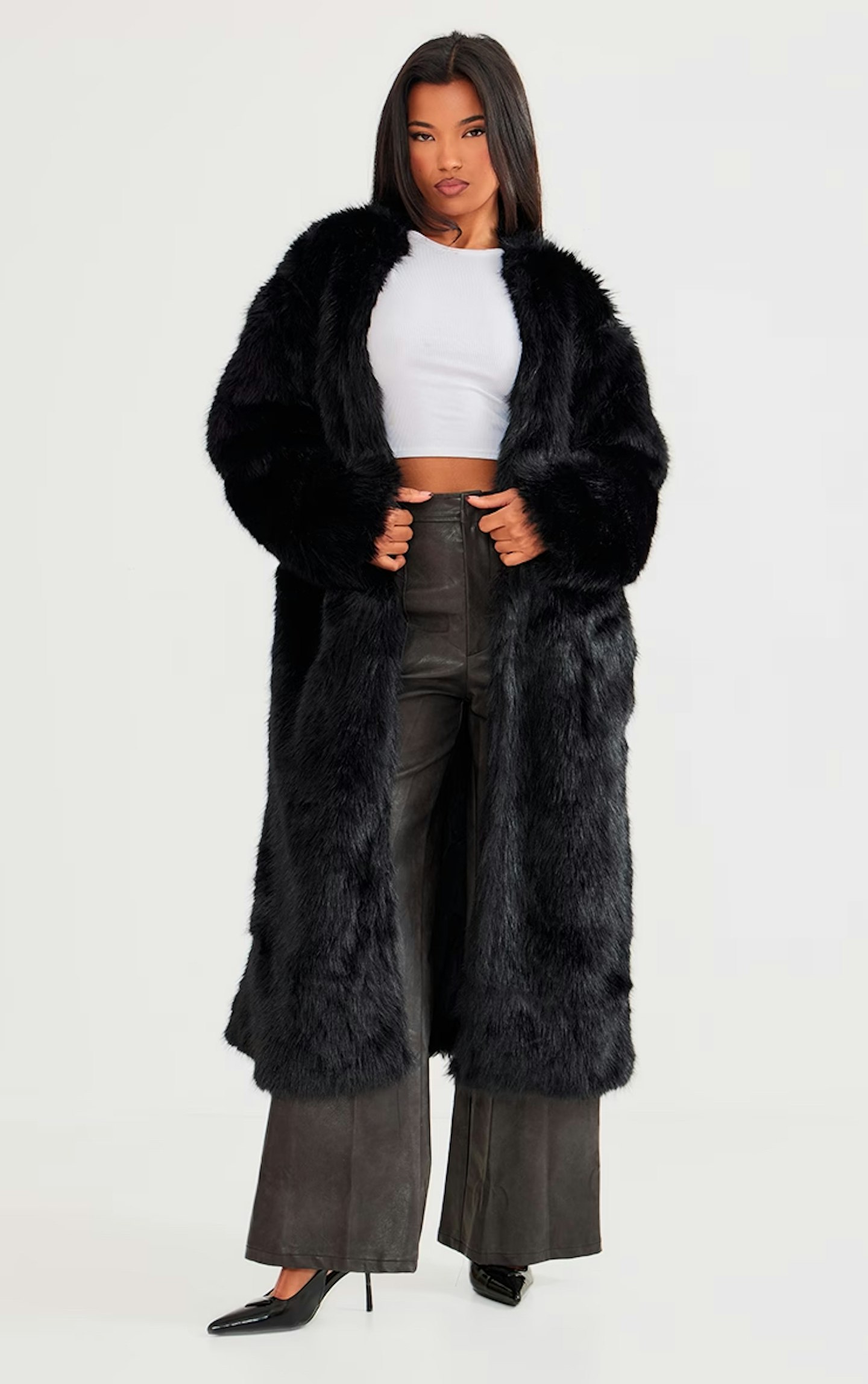 PrettyLittleThing Black Faux Fur Collarless Coat