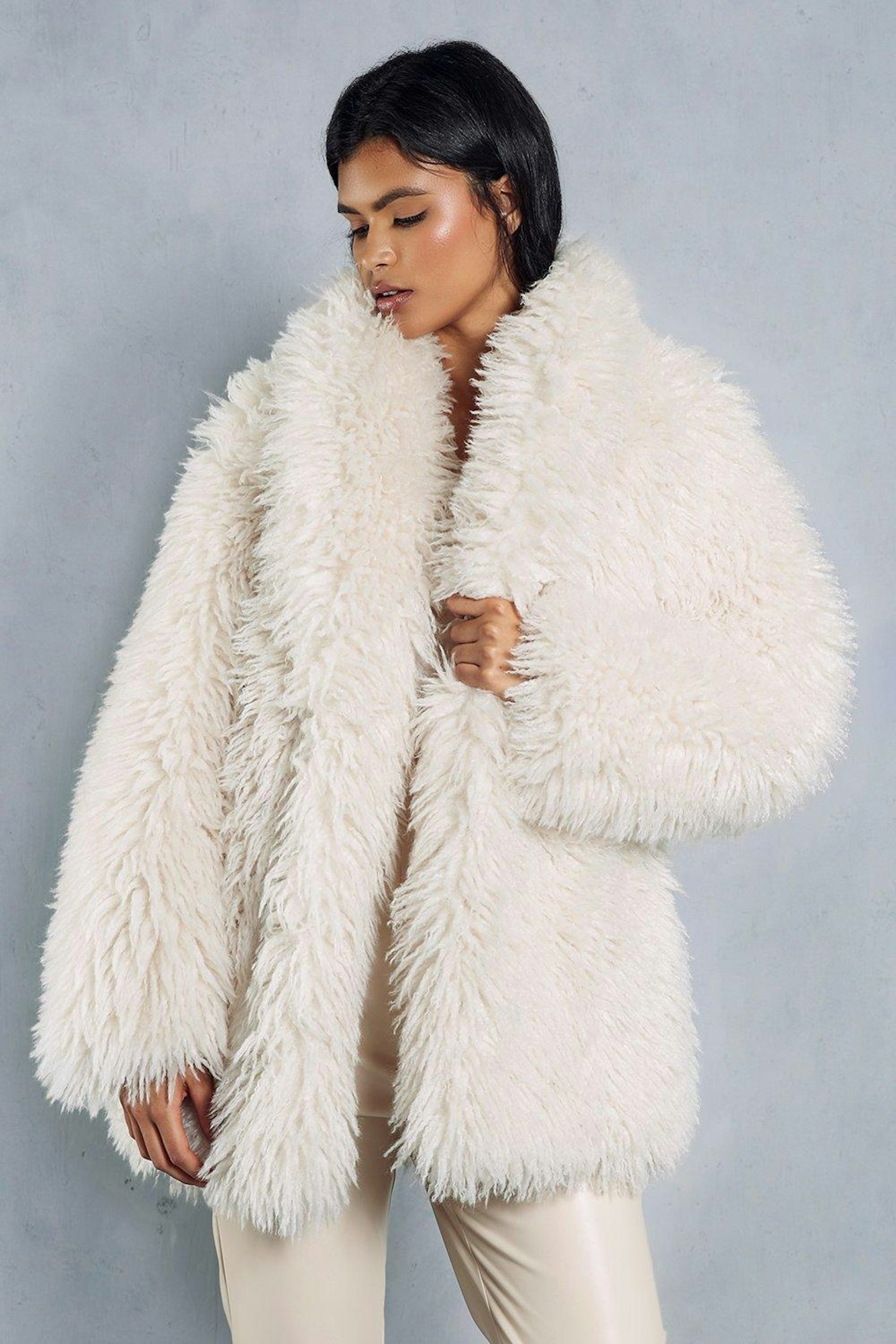 MissPap Premium Mongolian Faux Fur Coat in Cream