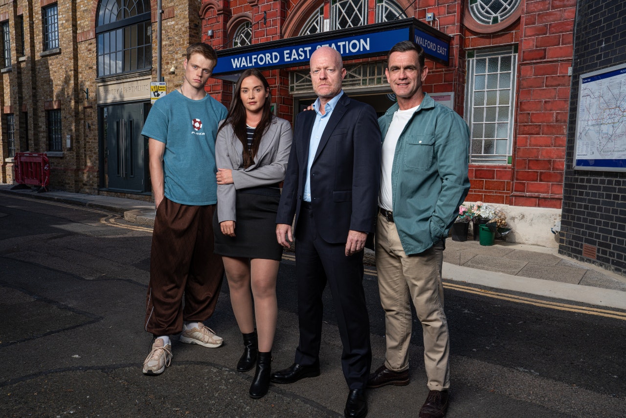 Pierre Moullier as Oscar Branning, Jacqueline Jossa as Lauren Branning, Jake Wood as Max Branning and Scott Maslen as Jack Branning on EastEnders