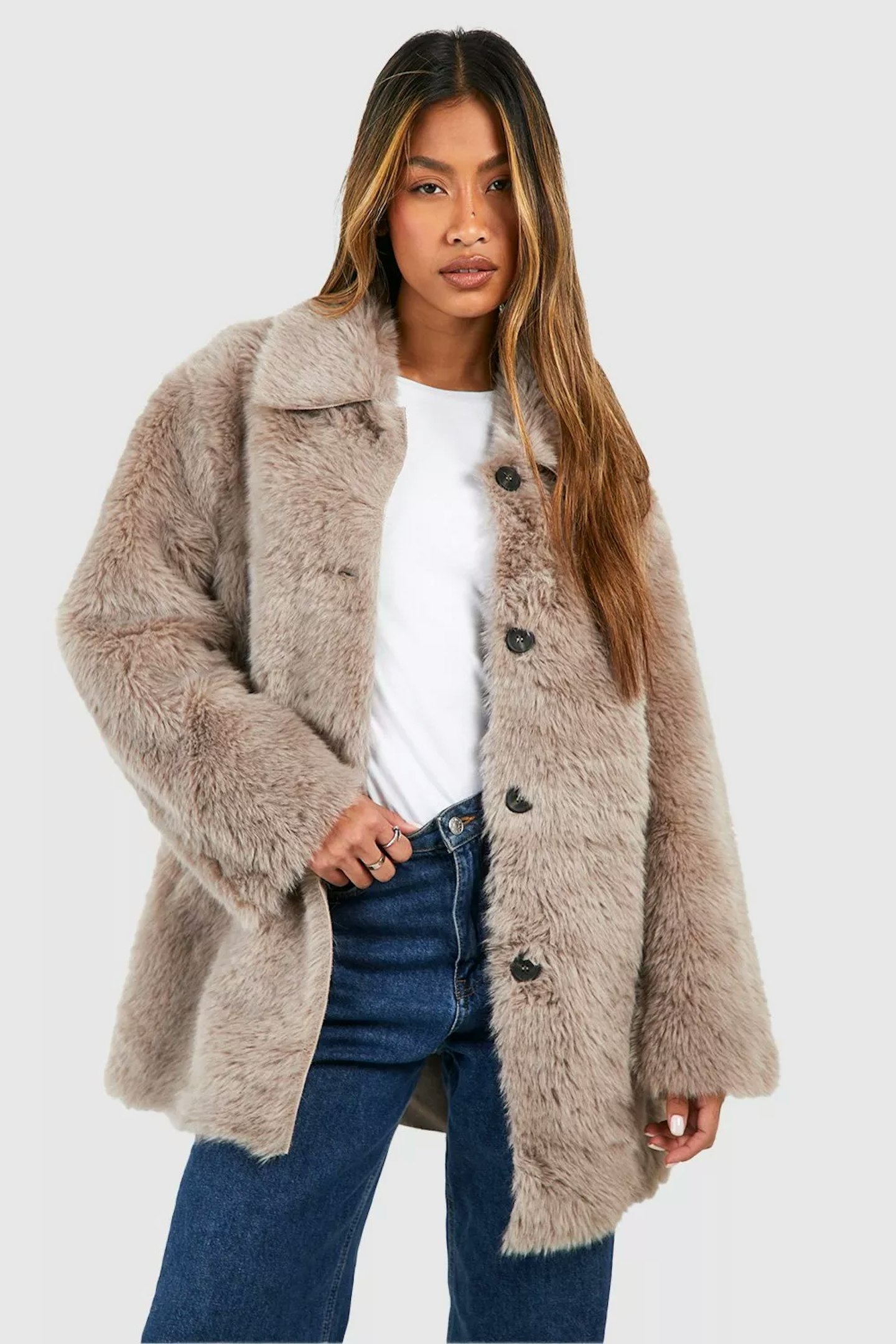 Boohoo Button Through Faux Fur Coat in Taupe