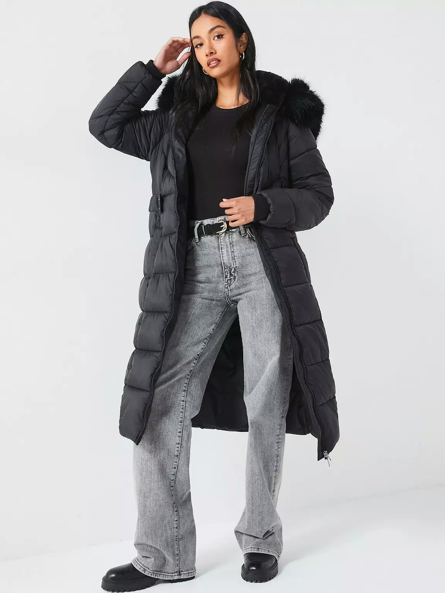 V by Very, Maxi Belted Padded Coat With Faux Fur Trim