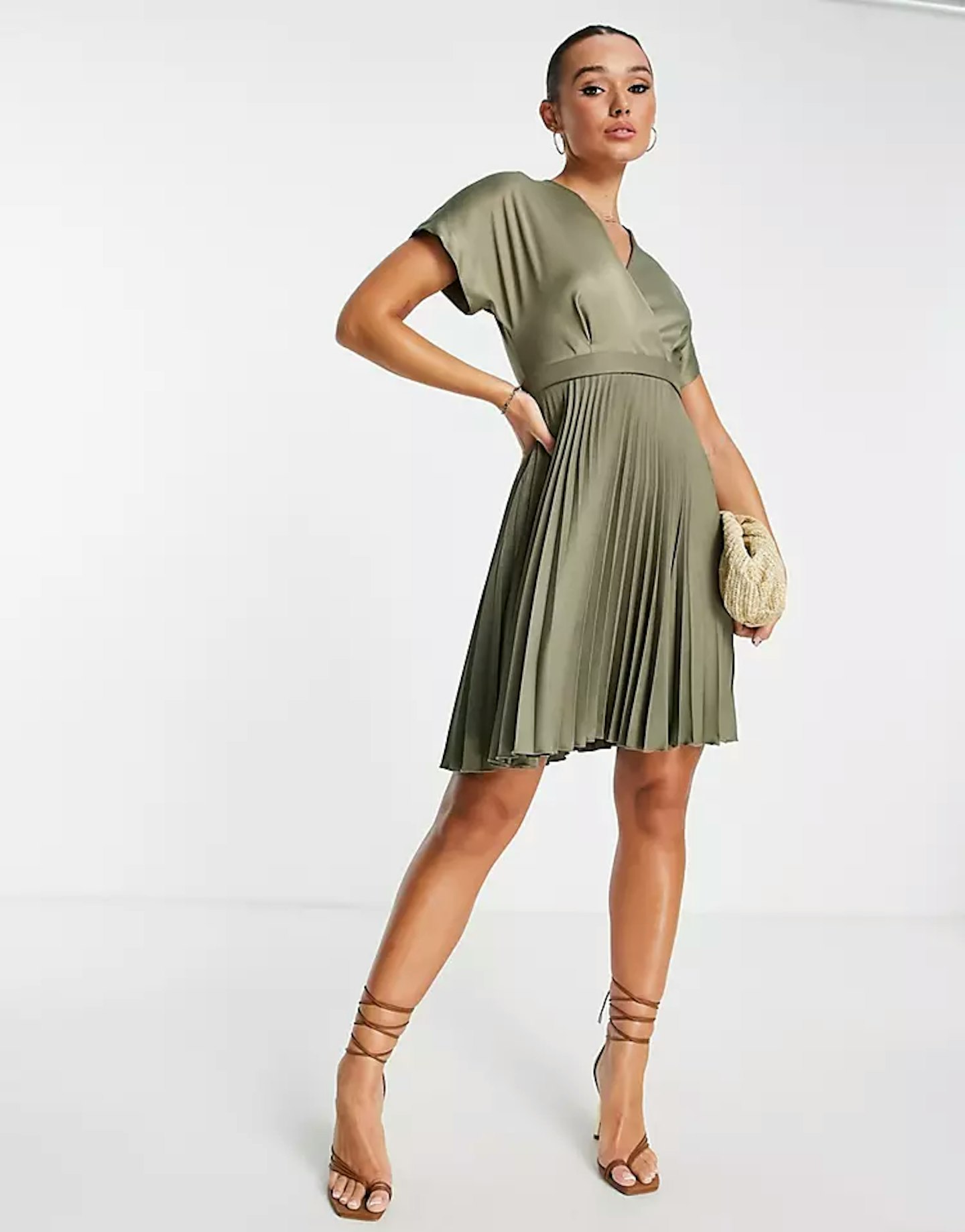 Closet London Wrap Front Pleated Midi Skater Dress In Olive