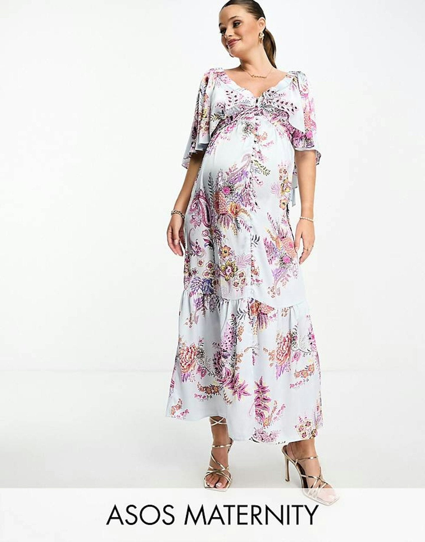 ASOS DESIGN Maternity Satin Flutter Sleeve V-Neck Maxi Dress With Tier Hem