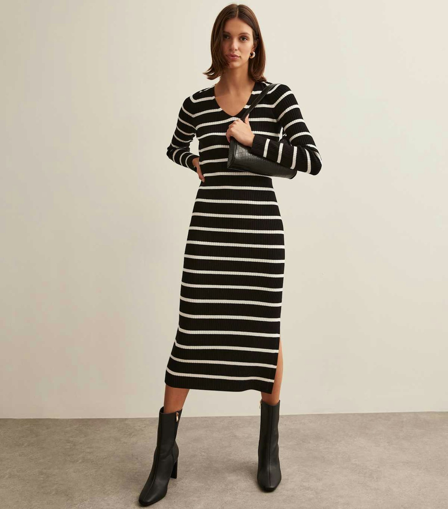 Black Stripe Knit V Neck Midi Dress